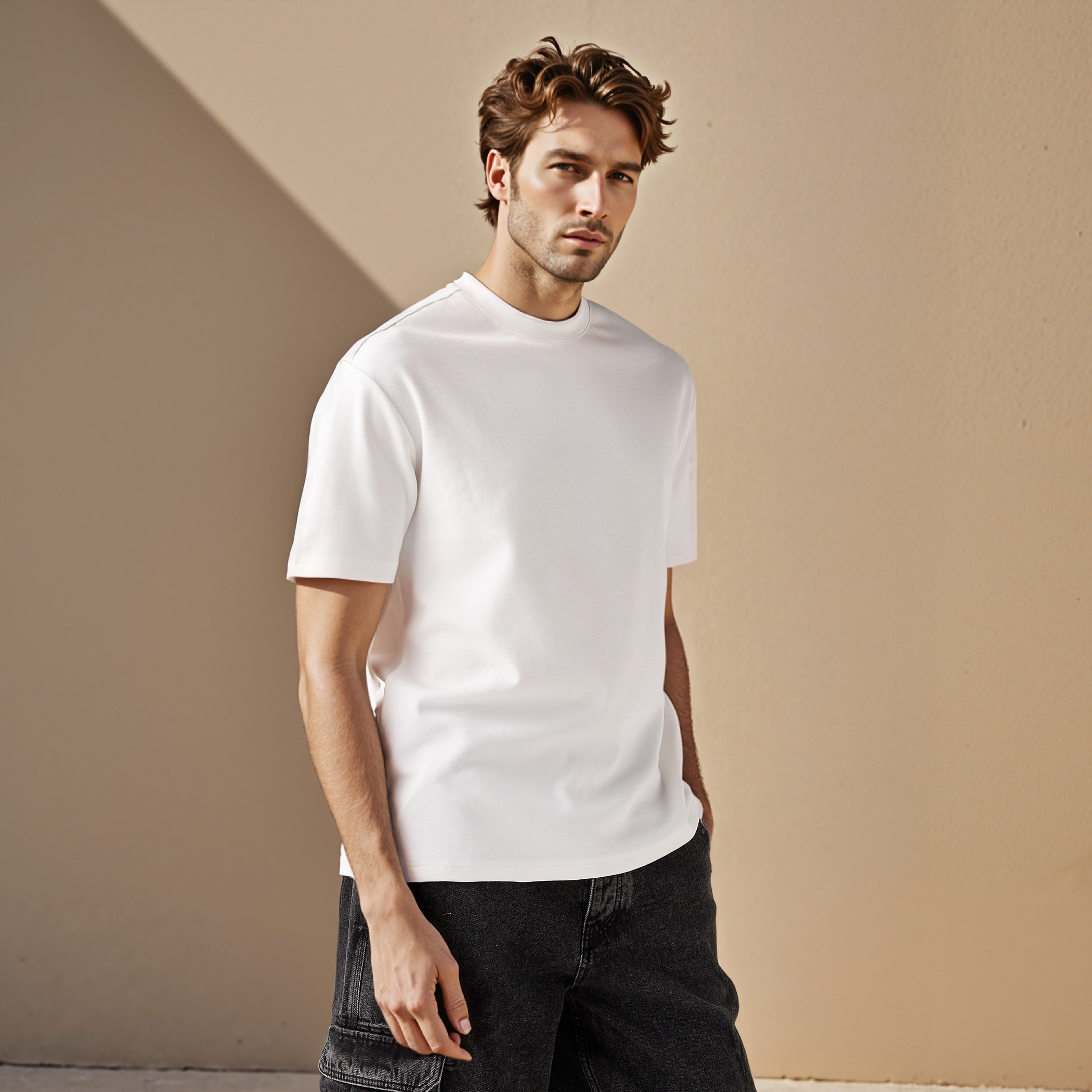تيشيرت بقصة مريحة وياقة ضيقة-men-clothing-tshirtsandpolos-tshirts-image-1