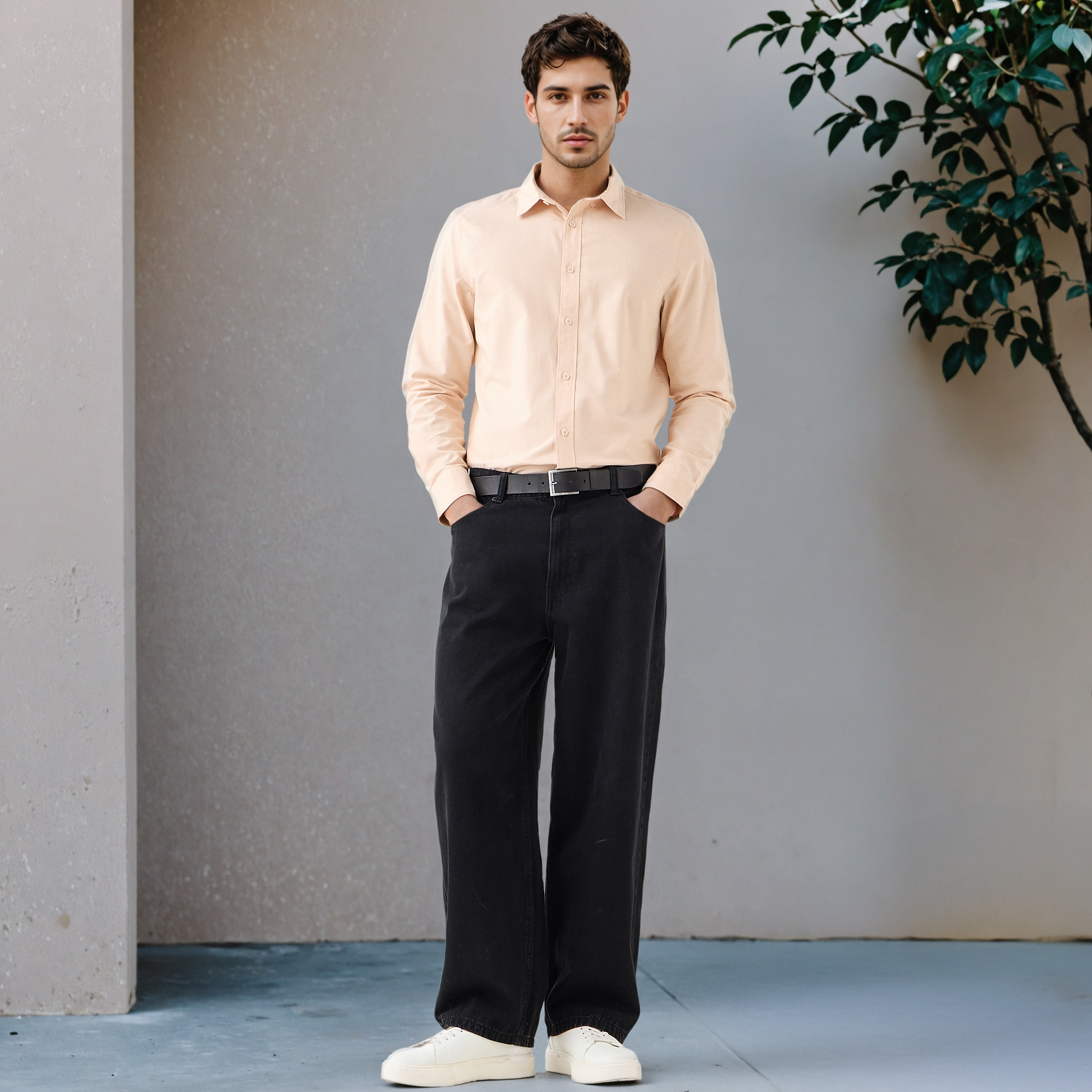 قميص بارز الملمس بياقة وأزرار وأكمام طويلة للرجال-men-clothing-shirts-image-2