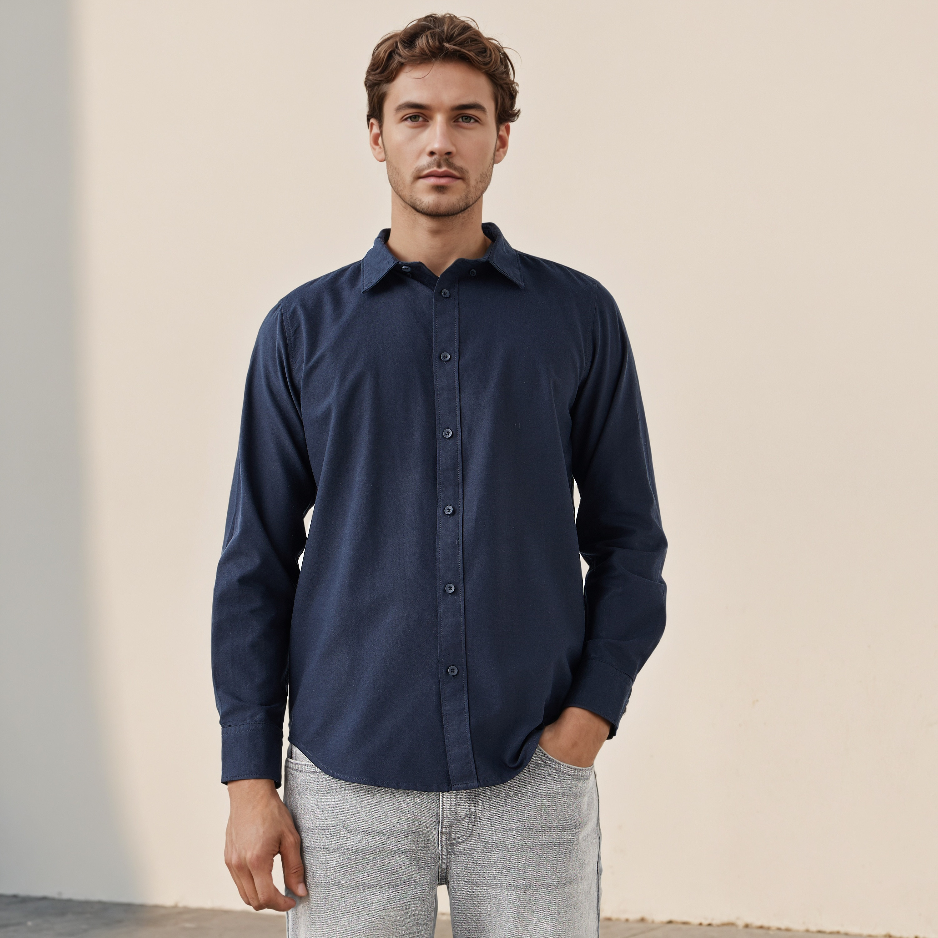 قميص بارز الملمس بياقة وأزرار وأكمام طويلة للرجال-men-clothing-shirts-image-1