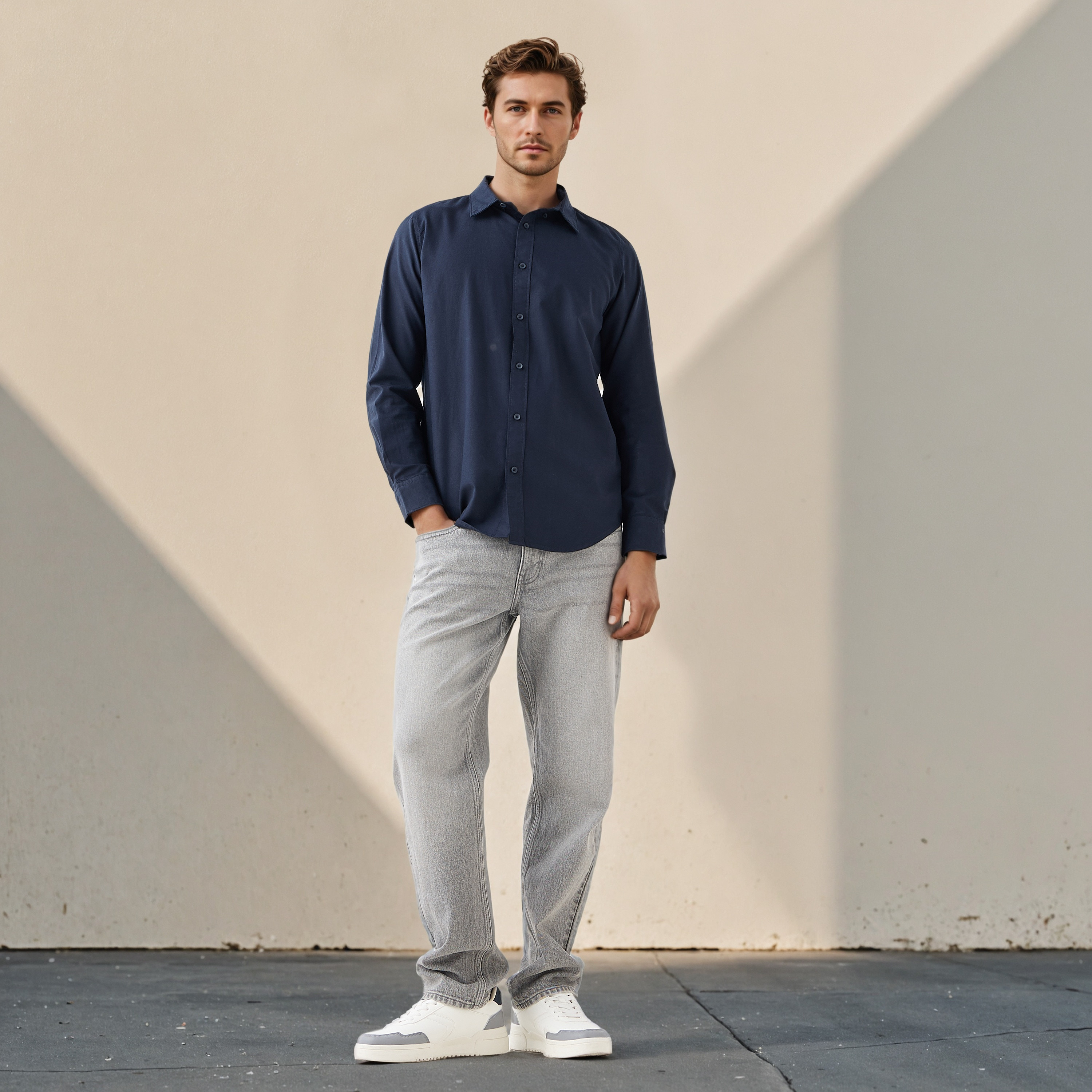 قميص بارز الملمس بياقة وأزرار وأكمام طويلة للرجال-men-clothing-shirts-image-2