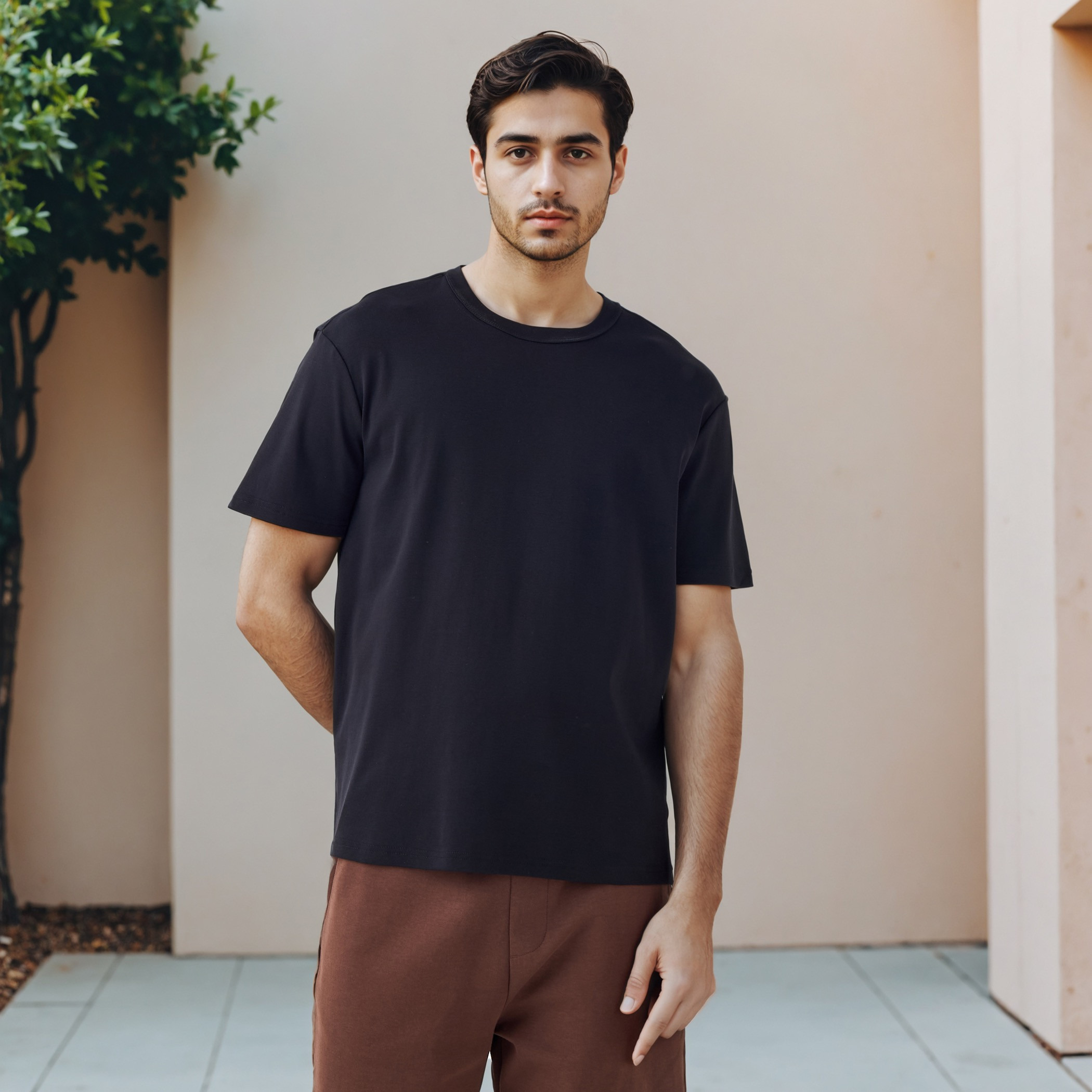 تيشيرت بقصّة مريحة وياقة ضيقة-men-clothing-tshirtsandpolos-tshirts-image-1