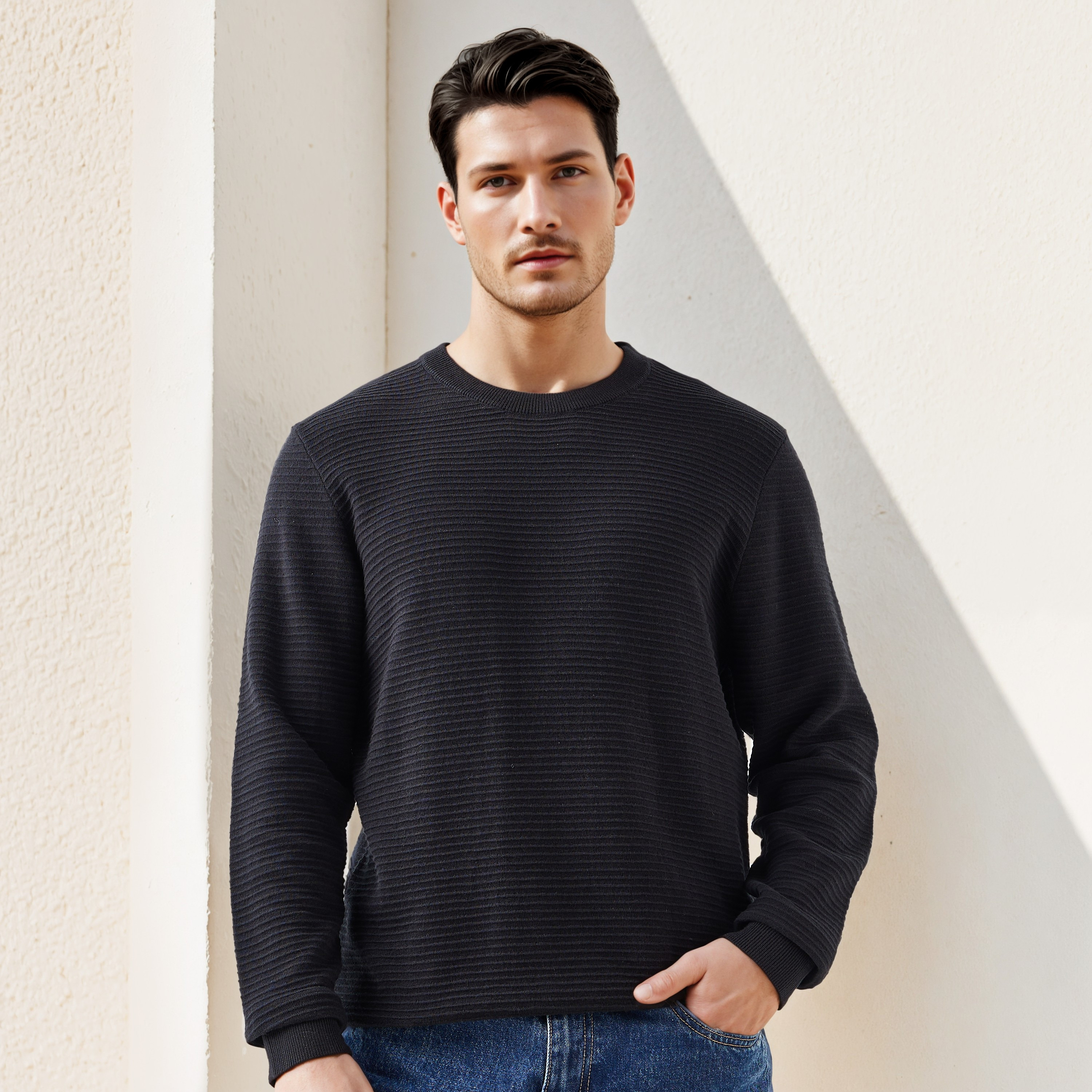 Textured Ottoman Sweater with Crew Neck-men-clothing-sweatersandpullovers-image-1