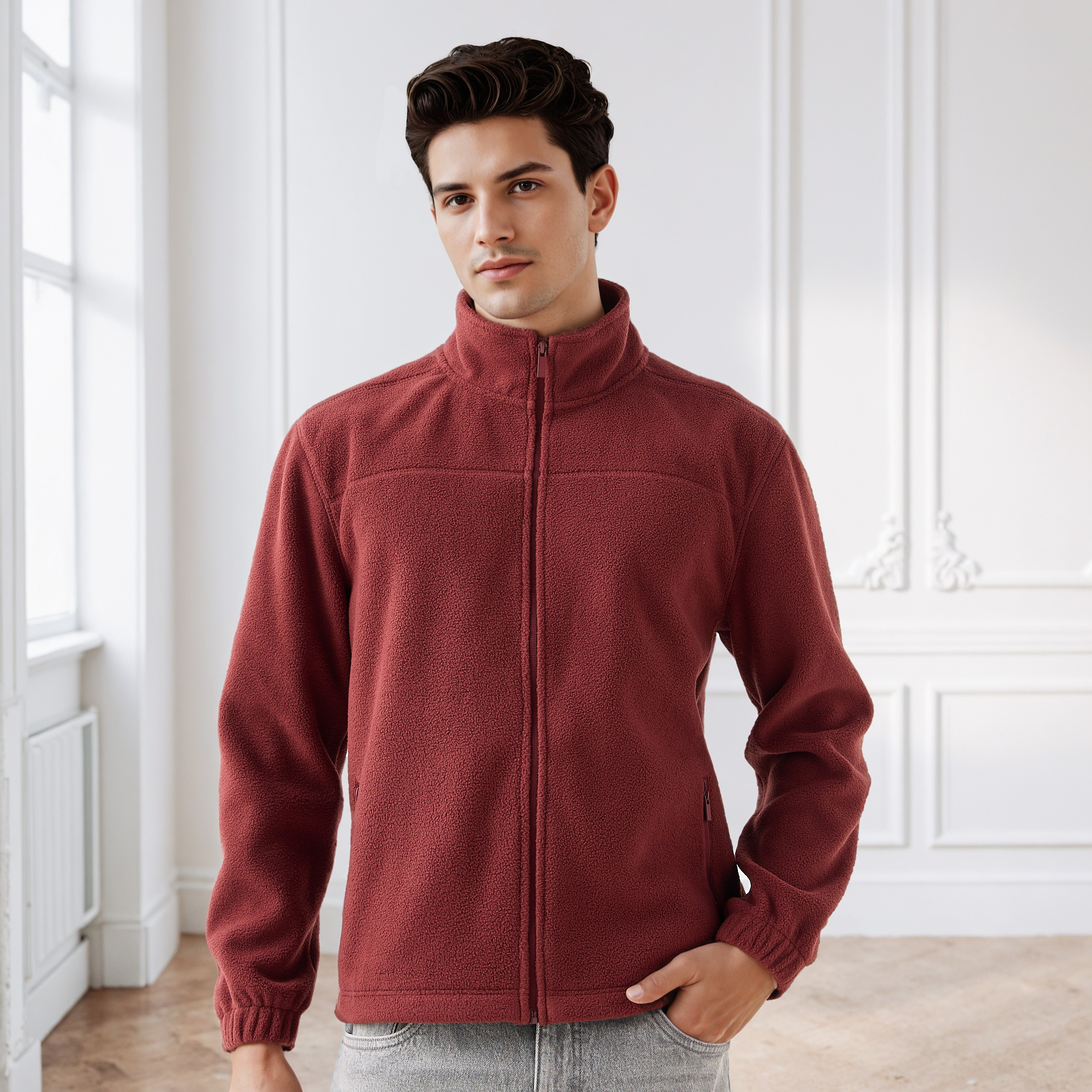 Shop Men's Regular Fit Fleece Zip Closure Jacket Online | Centrepoint ...