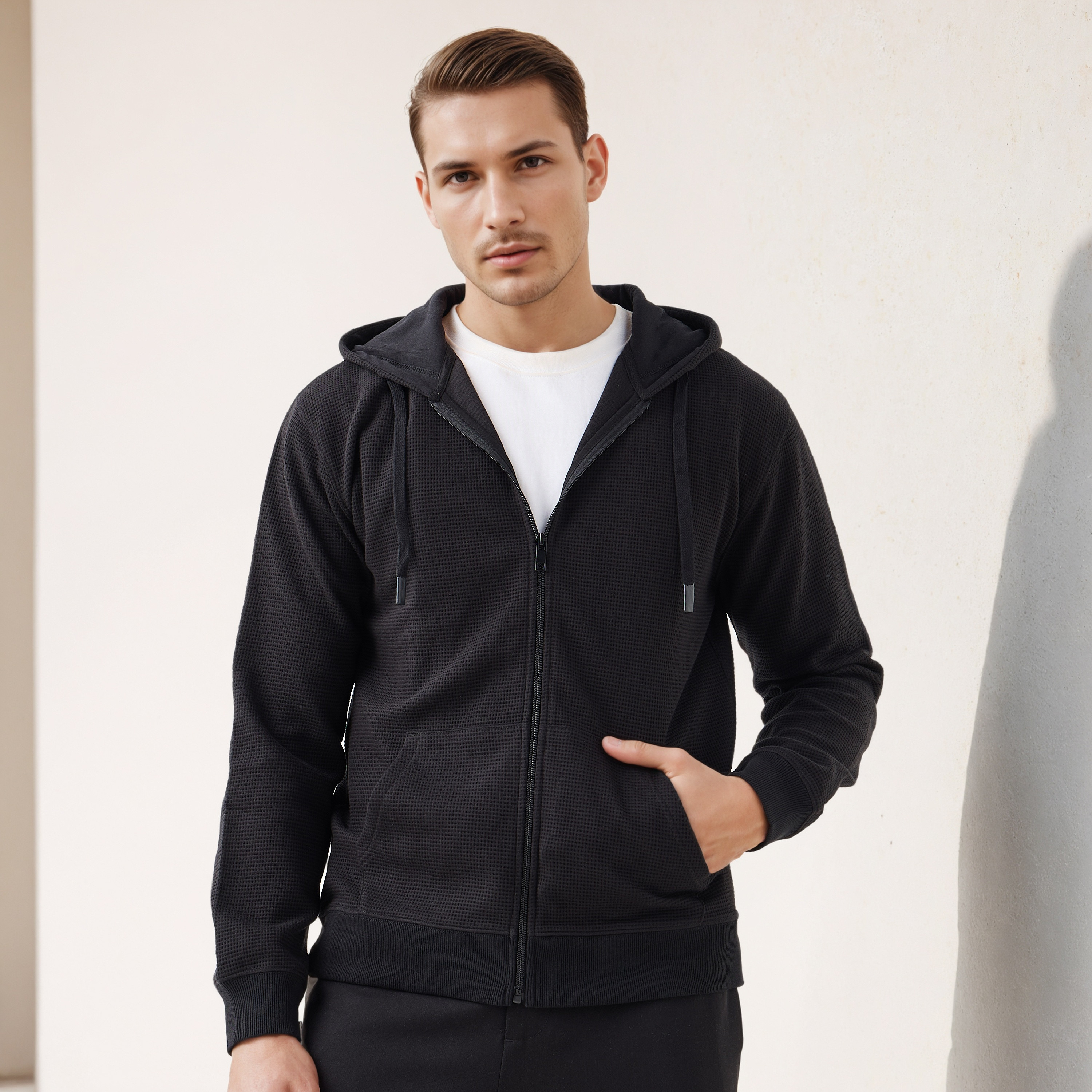 Men Regular Fit Waffle Textured Cotton Blend Hoodie-men-winterwear-hoodiesandsweatshirts-image-1