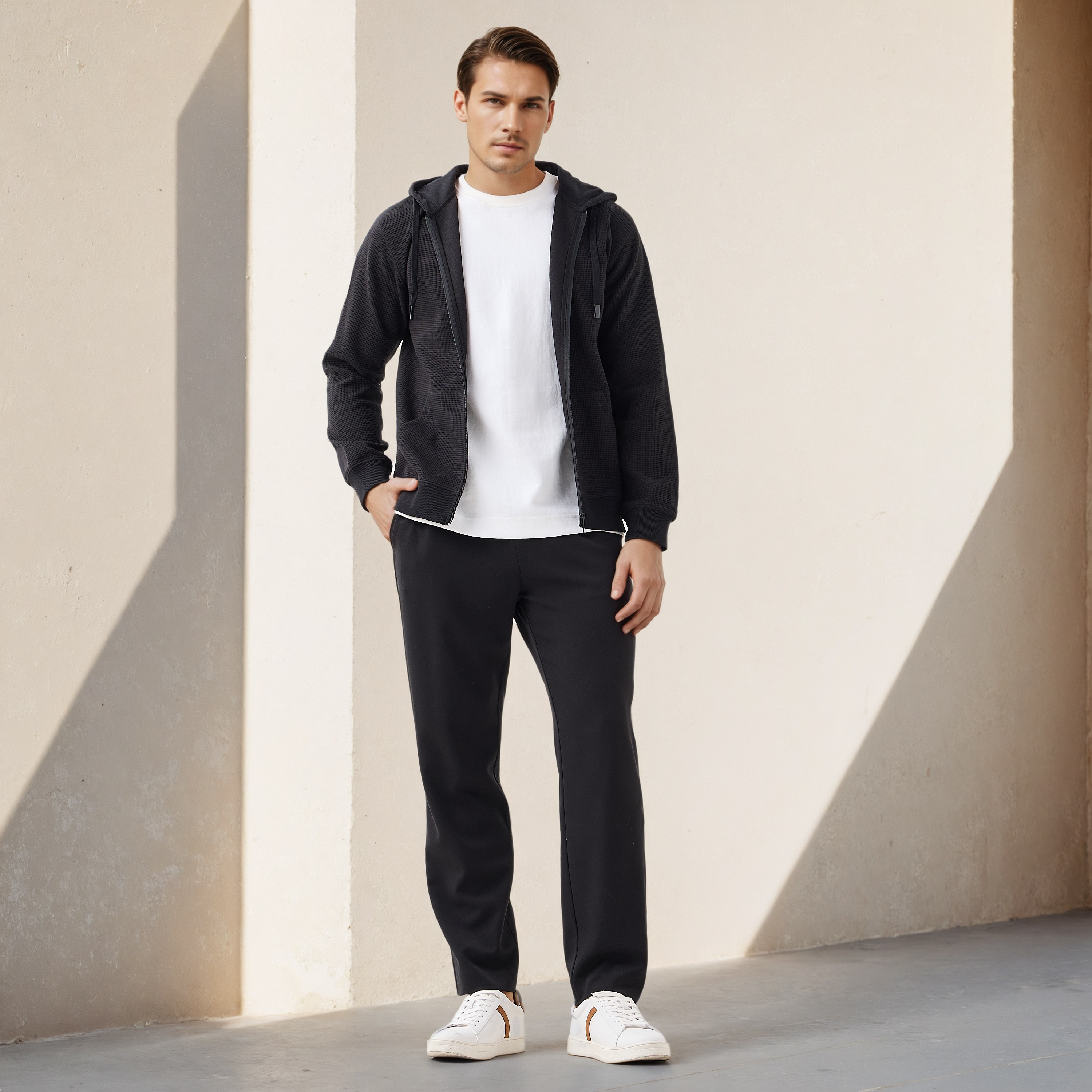 Men Regular Fit Waffle Textured Cotton Blend Hoodie-men-winterwear-hoodiesandsweatshirts-image-2