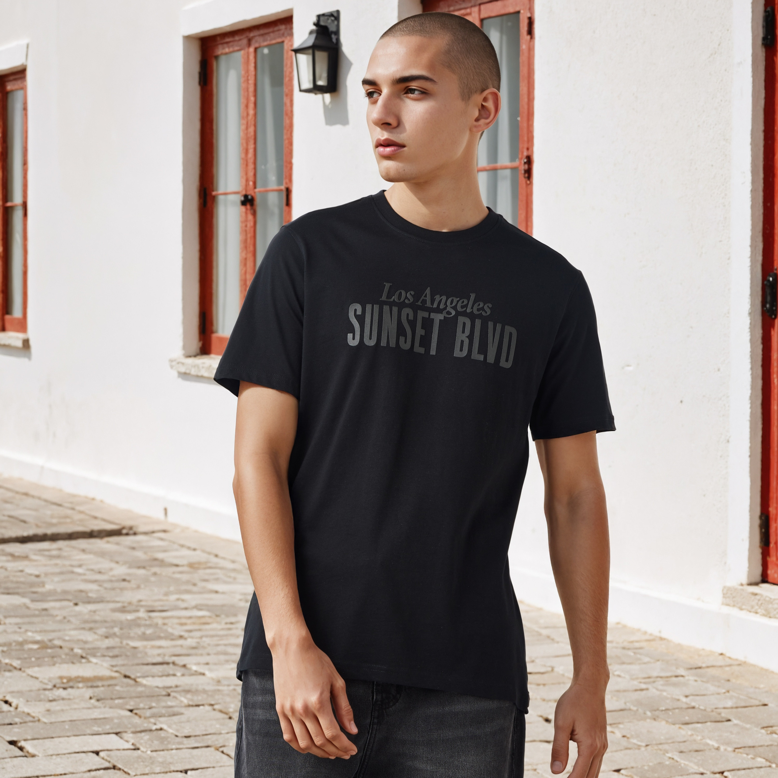 تيشيرت بياقة ضيقة وطبعات تايبوجرافيك-men-clothing-tshirtsandpolos-tshirts-image-1
