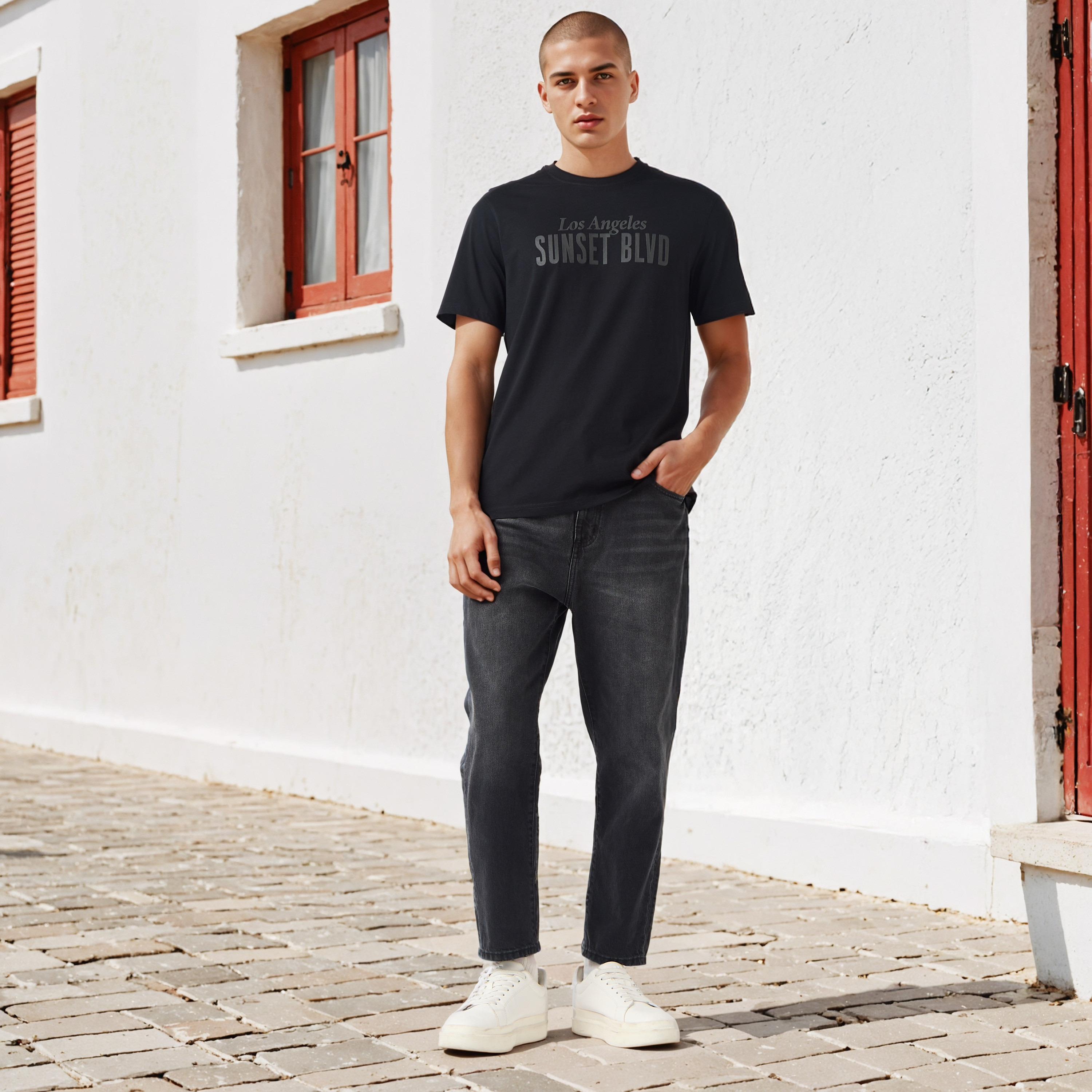 تيشيرت بياقة ضيقة وطبعات تايبوجرافيك-men-clothing-tshirtsandpolos-tshirts-image-2