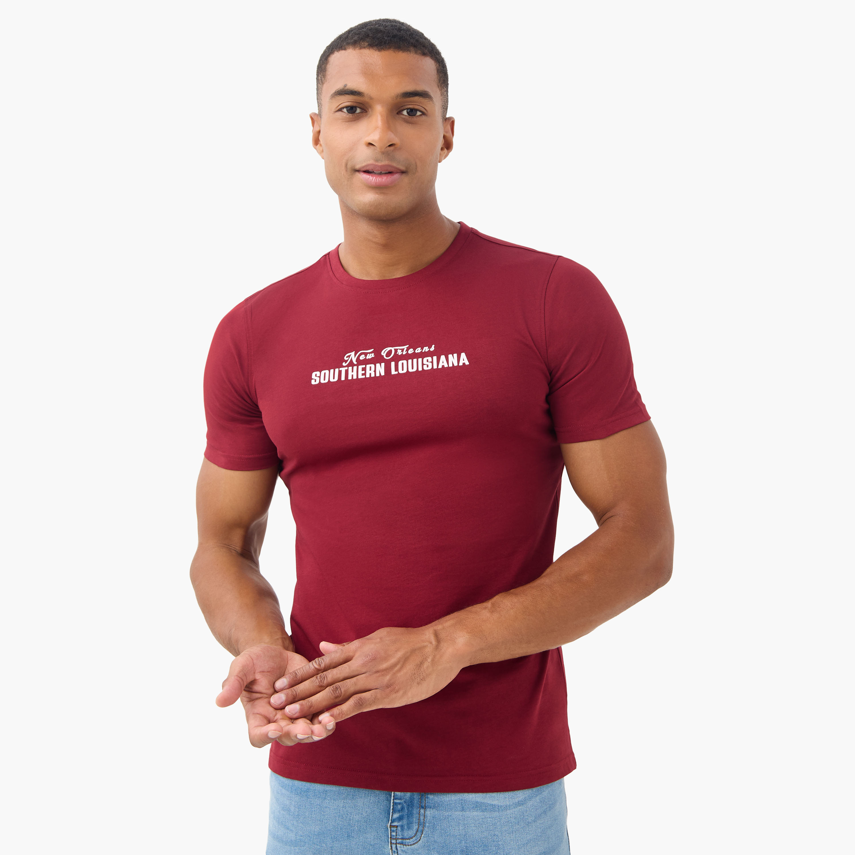 Slogan Print T-shirt with Crew Neck-men-clothing-tshirtsandpolos-tshirts-image-1