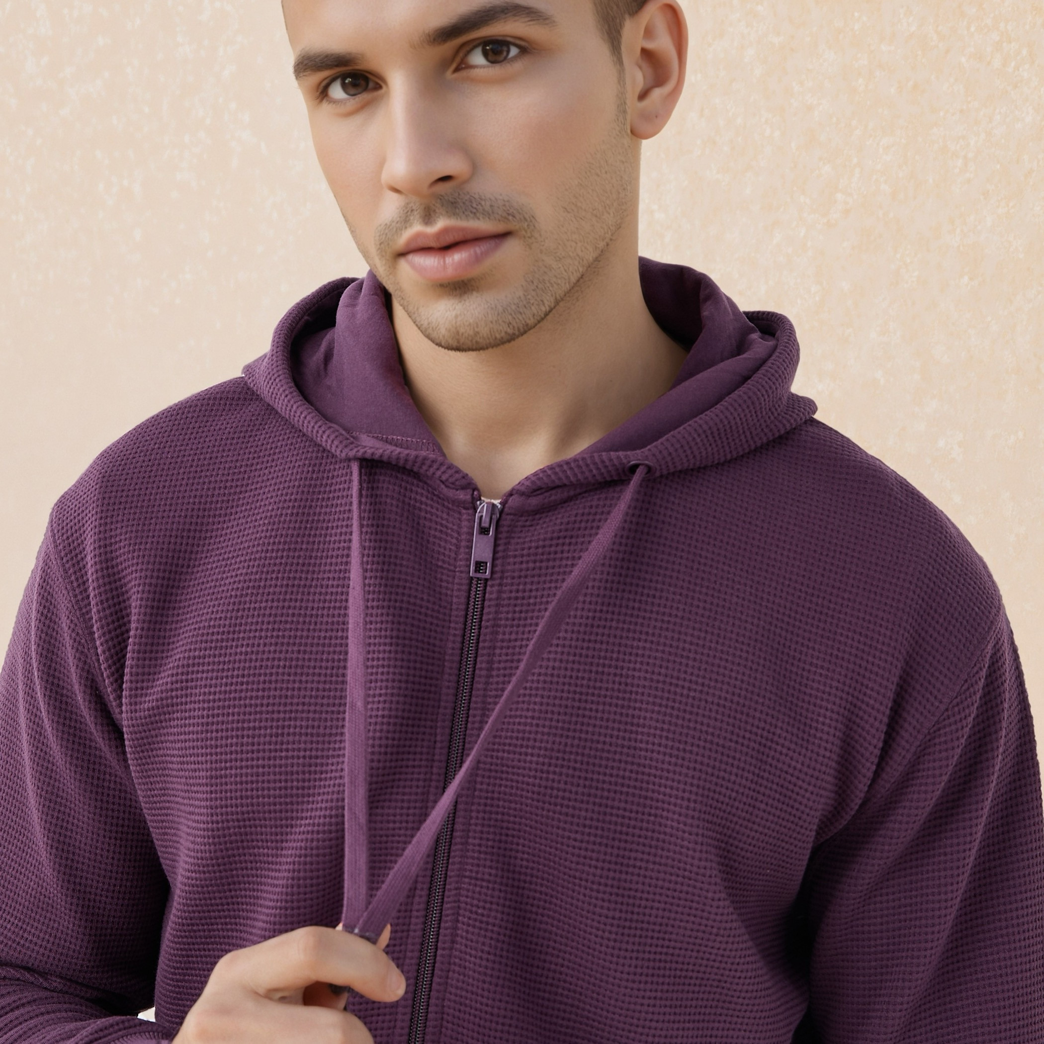 هودي مزيج قطني بقصة عادية بارز الملمس على شكل وافل للرجال-men-winterwear-hoodiesandsweatshirts-image-4