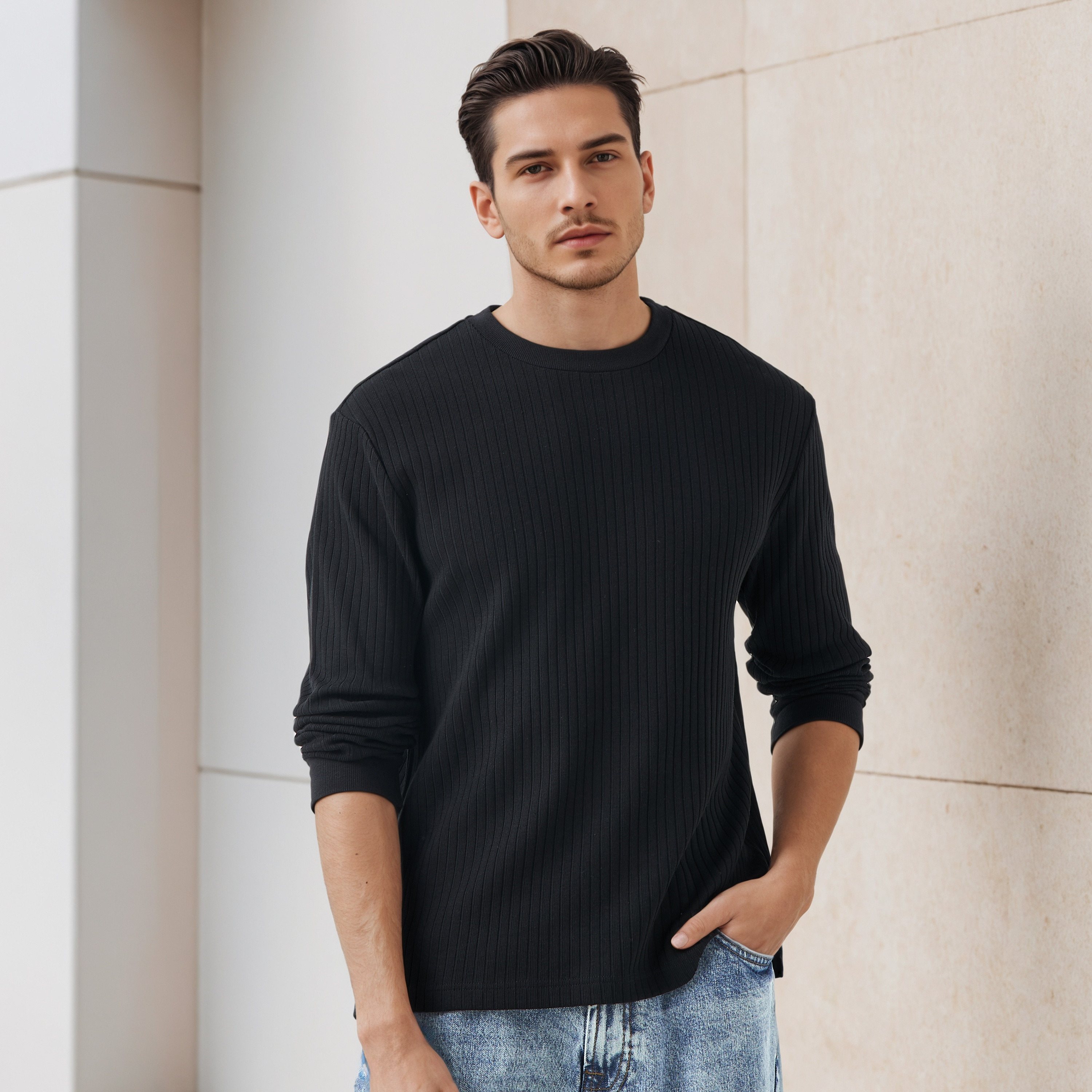 تيشيرت رجالي مضلع بأكمام طويلة وقصة عادية وياقة ضيقة-men-clothing-tshirtsandpolos-tshirts-image-1