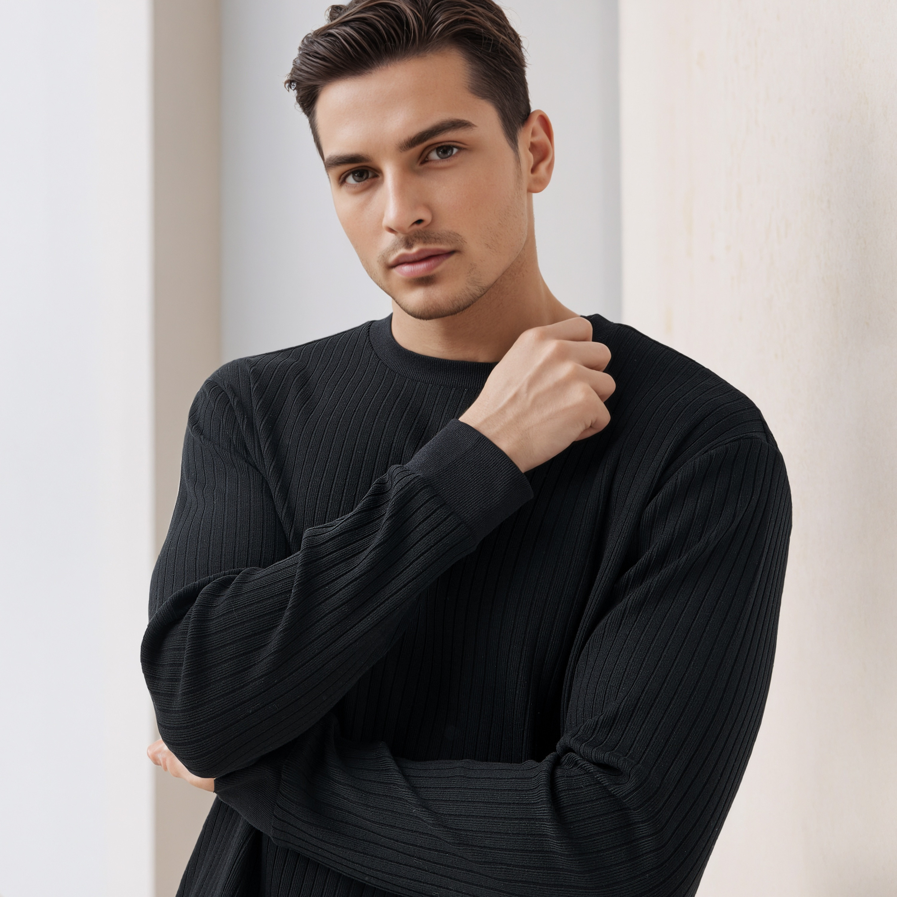 تيشيرت رجالي مضلع بأكمام طويلة وقصة عادية وياقة ضيقة-men-clothing-tshirtsandpolos-tshirts-image-5