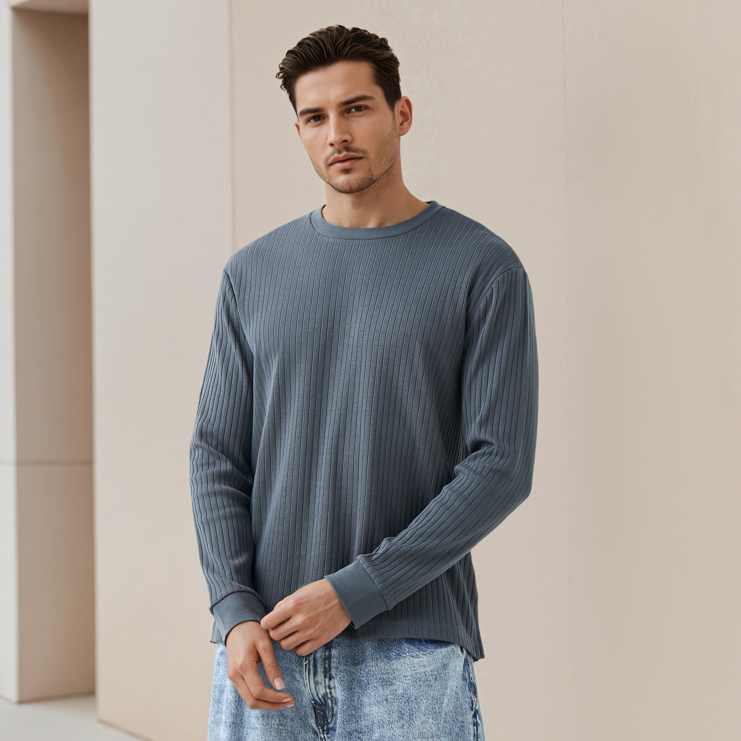 Men Regular Fit Crew Neck Long Sleeves Ribbed T-shirt-men-clothing-tshirtsandpolos-tshirts-image-1