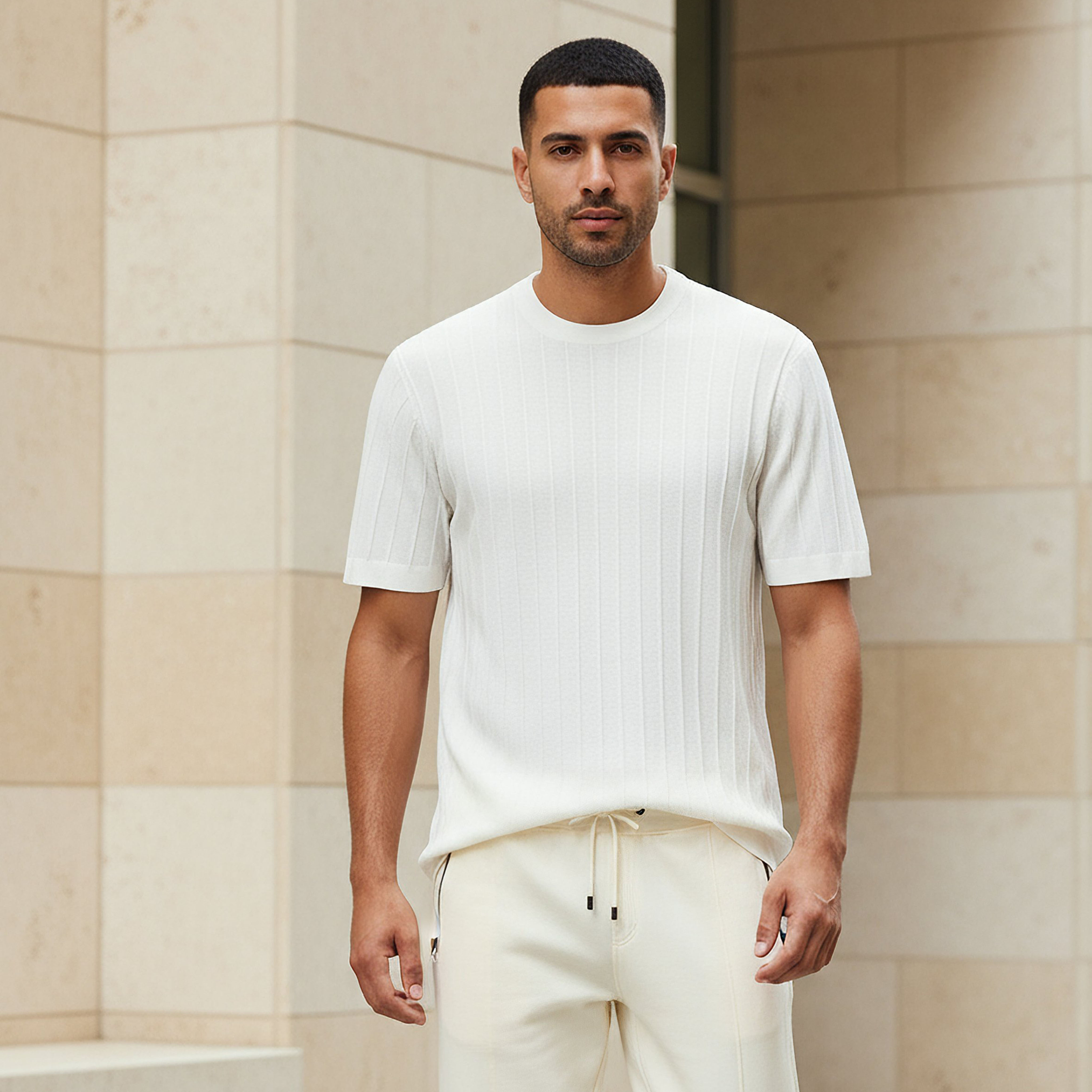 تيشيرت محبوك بارز الملمس بياقة ضيقة وقصة عادية وأكمام قصيرة للرجال-men-clothing-tshirtsandpolos-tshirts-image-1