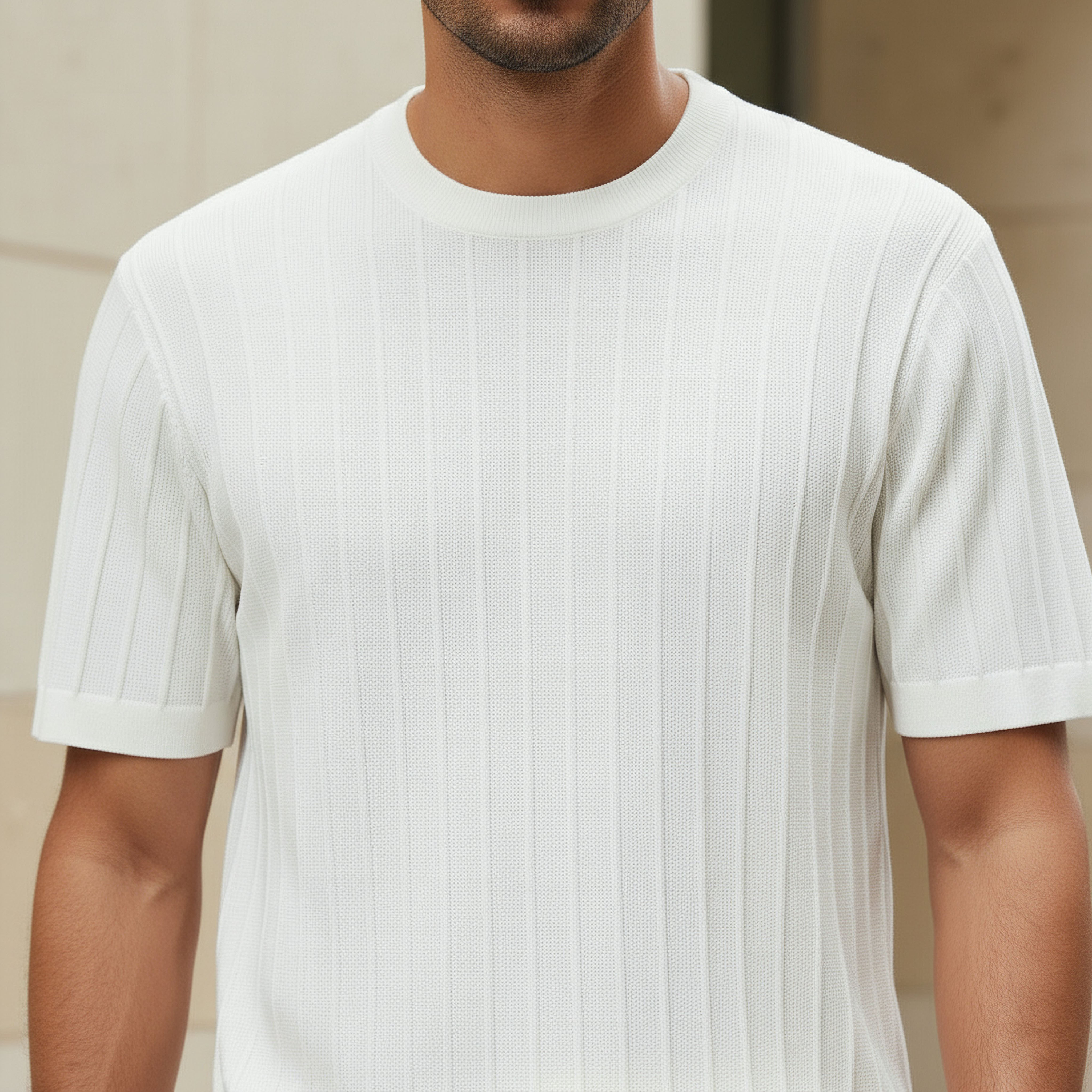 تيشيرت محبوك بارز الملمس بياقة ضيقة وقصة عادية وأكمام قصيرة للرجال-men-clothing-tshirtsandpolos-tshirts-image-4