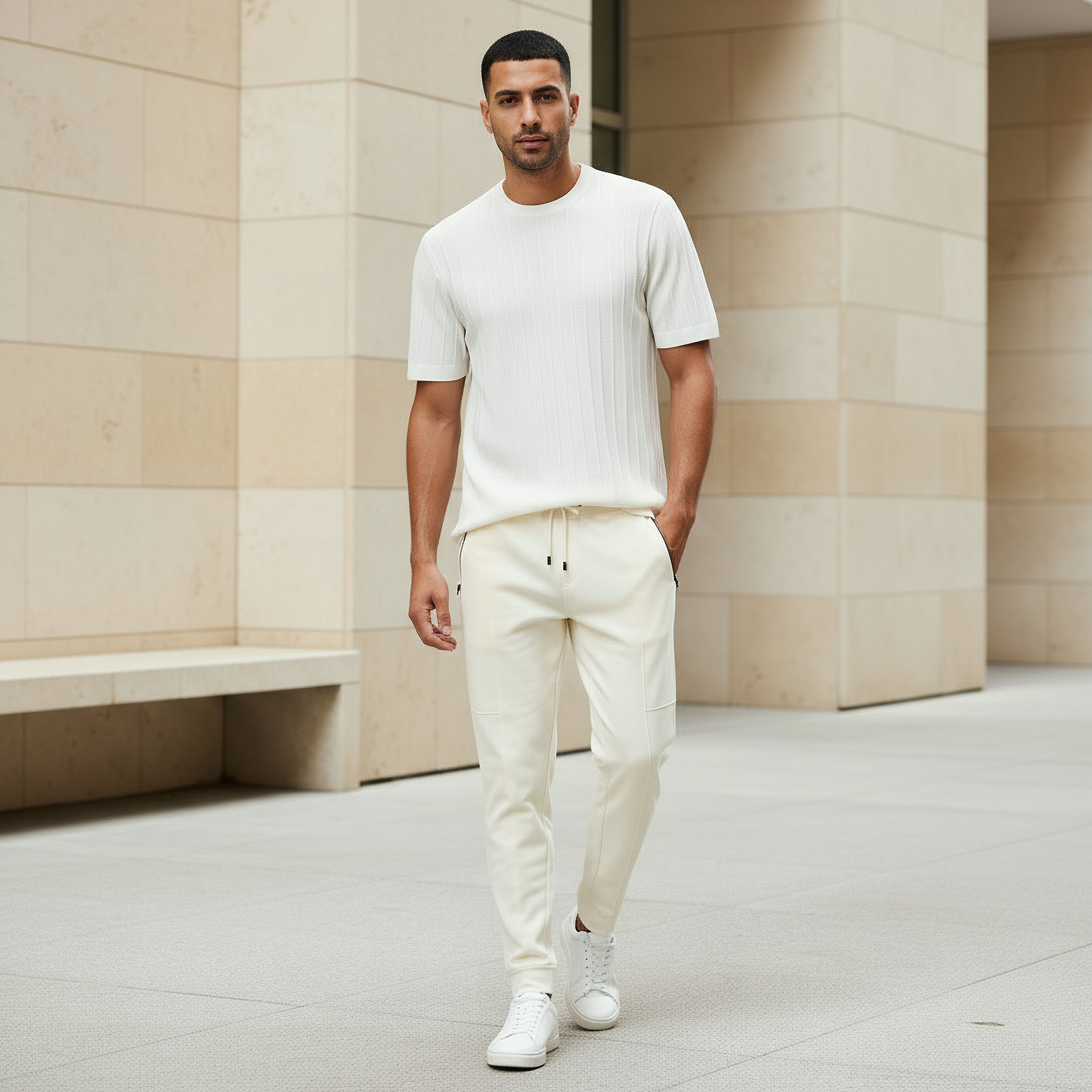تيشيرت محبوك بارز الملمس بياقة ضيقة وقصة عادية وأكمام قصيرة للرجال-men-clothing-tshirtsandpolos-tshirts-image-5