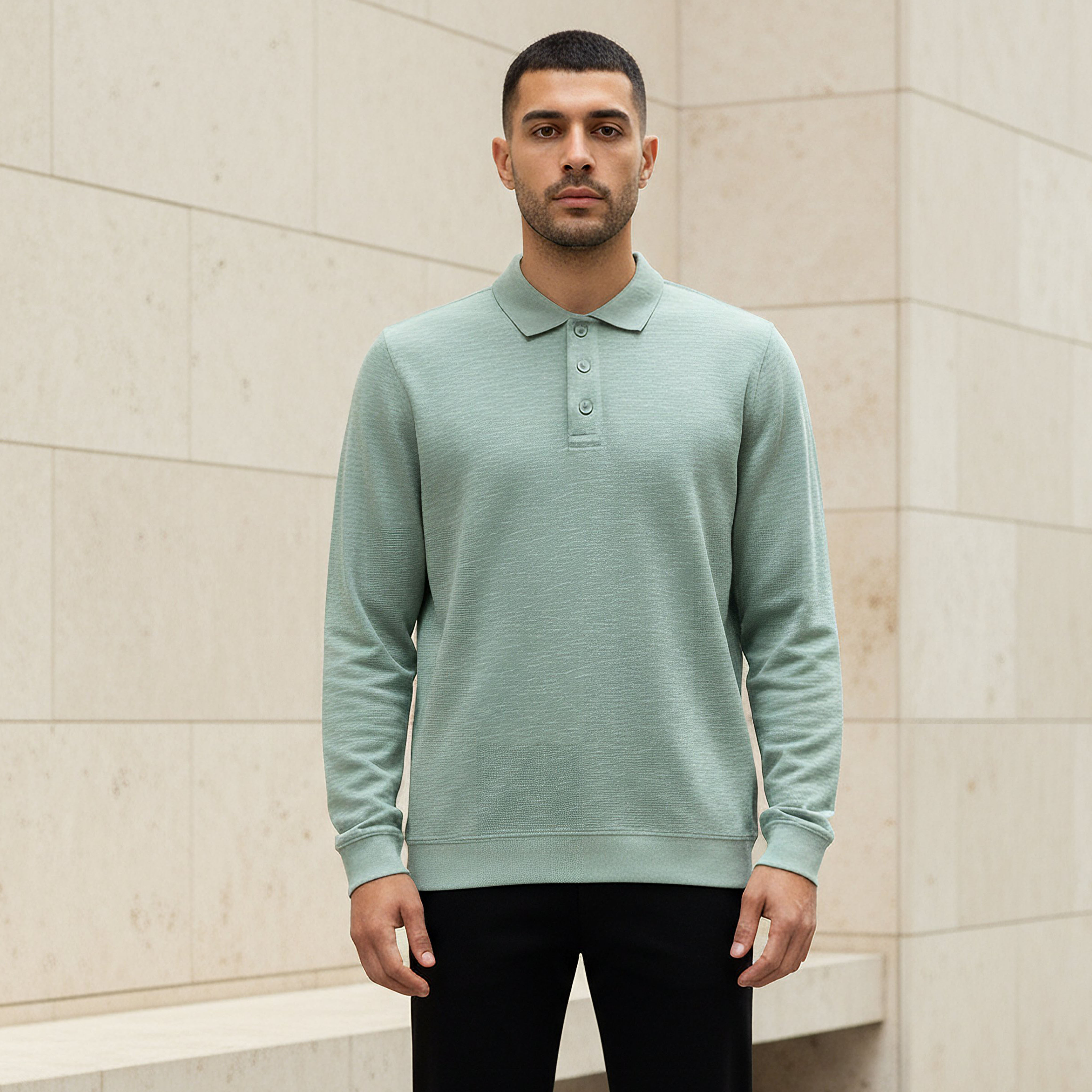 تيشيرت بولو بارز الملمس بأكمام طويلة للرجال-men-clothing-tshirtsandpolos-polos-image-1