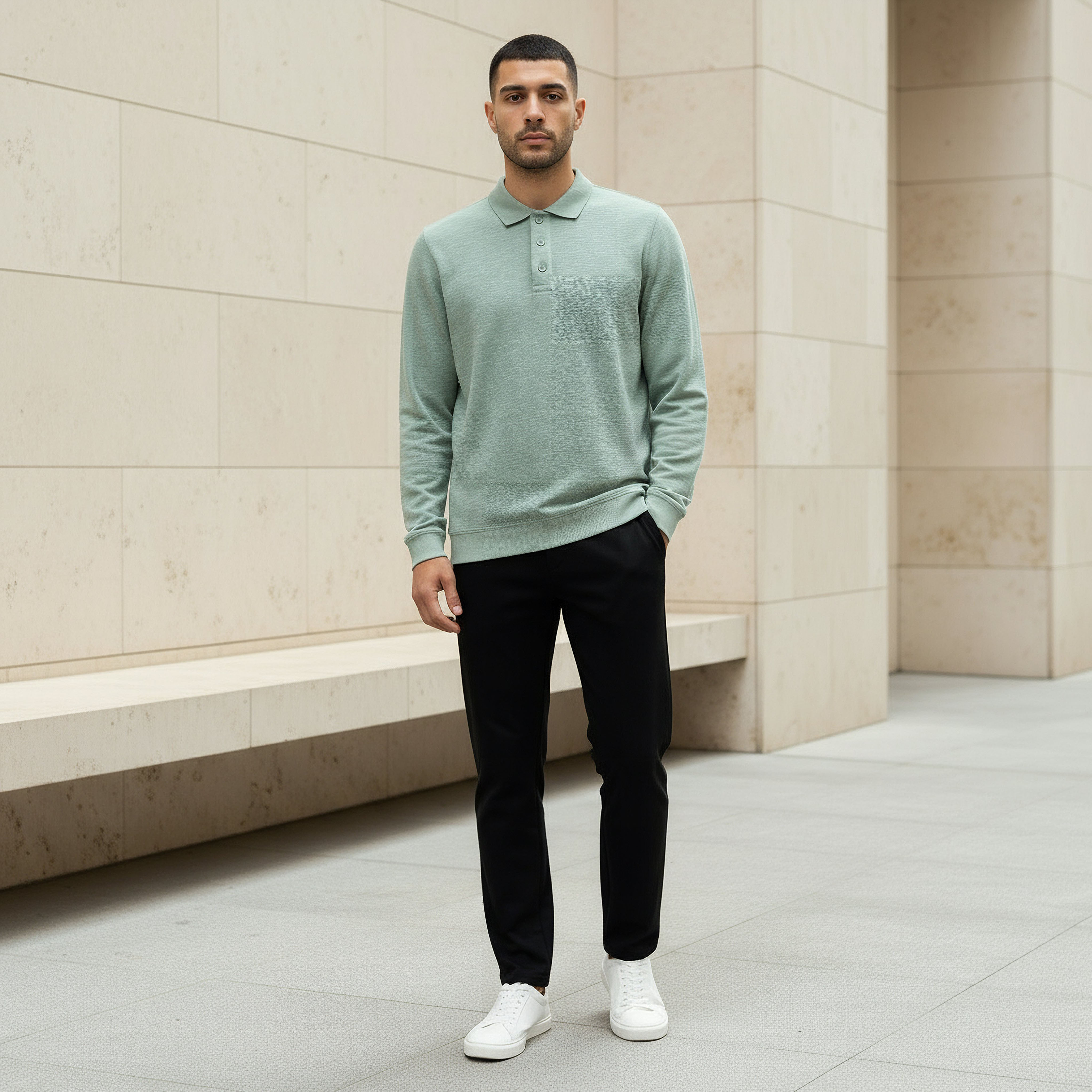 تيشيرت بولو بارز الملمس بأكمام طويلة للرجال-men-clothing-tshirtsandpolos-polos-image-2