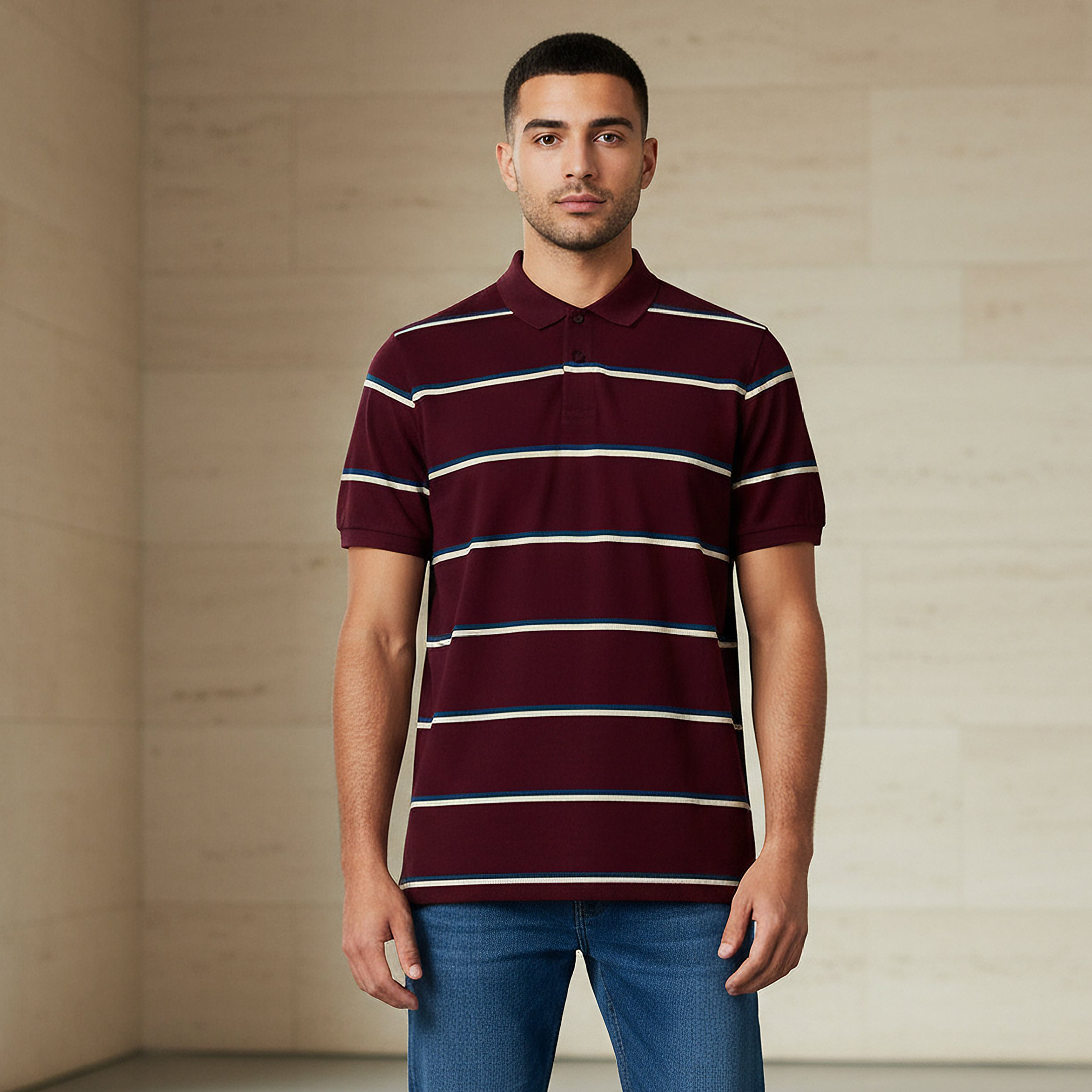 تيشيرت بولو رجالي مخطط بأكمام قصيرة-men-clothing-tshirtsandpolos-polos-image-1