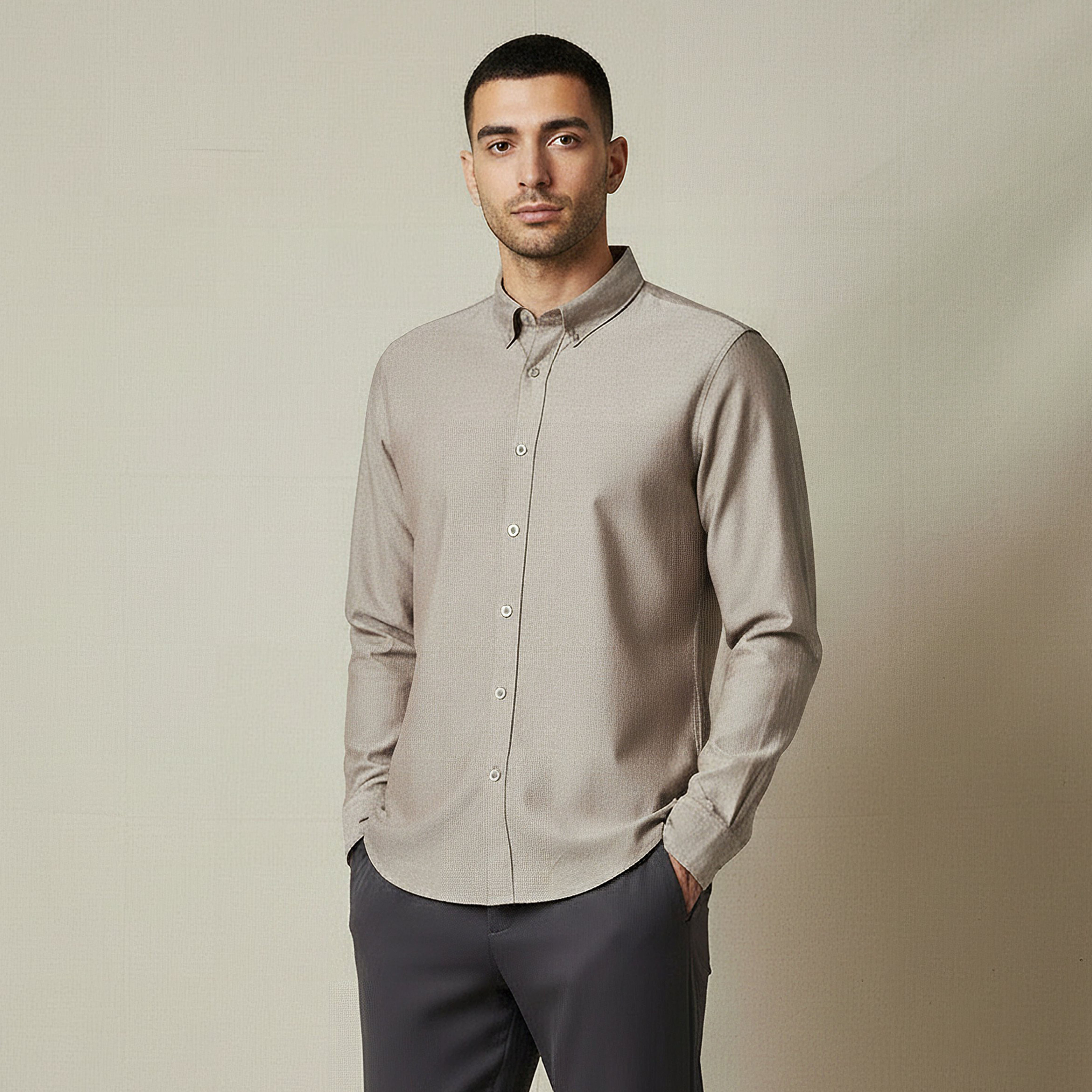 Men Regular Fit Collared Long Sleeves Textured Oxford Shirt-men-clothing-shirts-image-1
