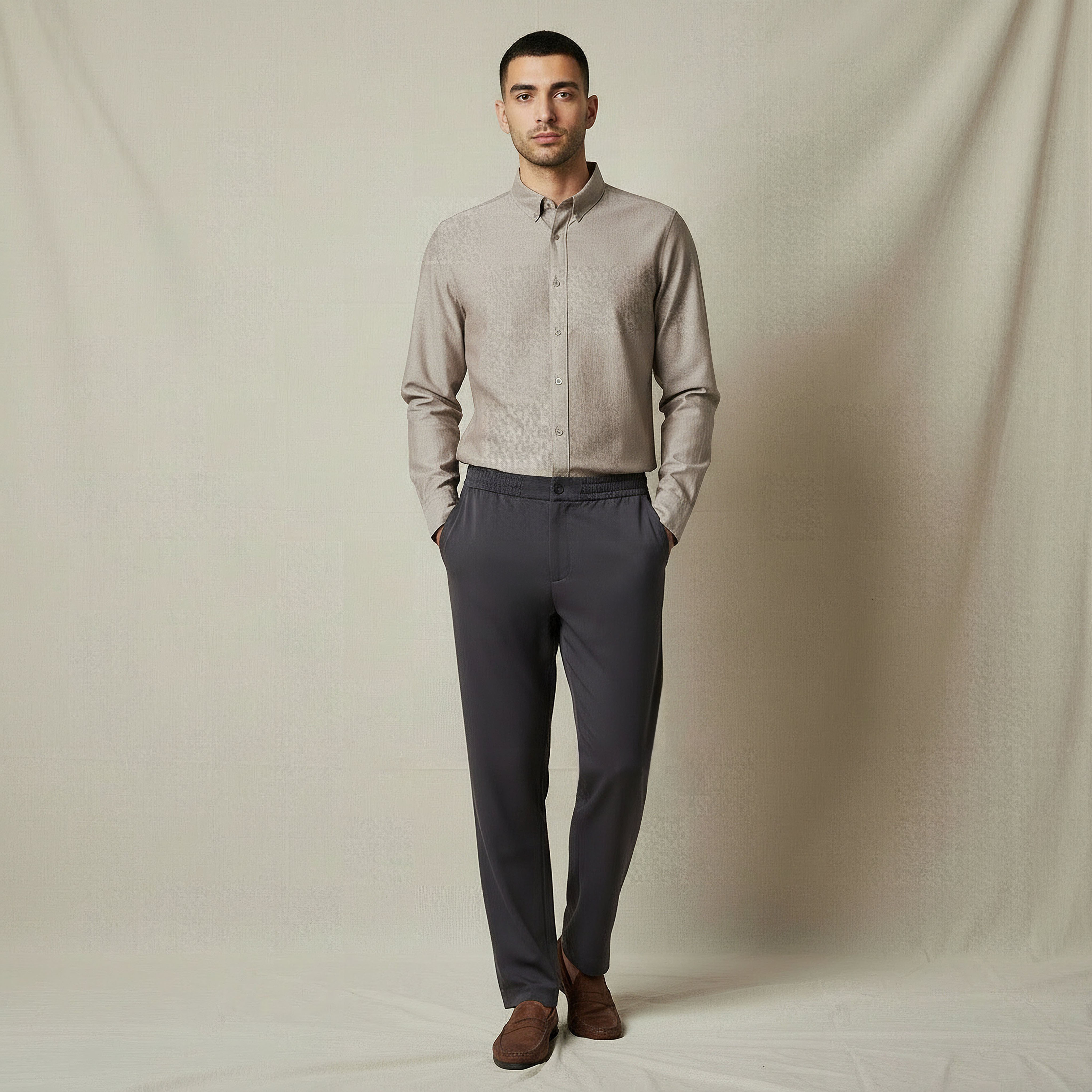 Men Regular Fit Collared Long Sleeves Textured Oxford Shirt-men-clothing-shirts-image-2