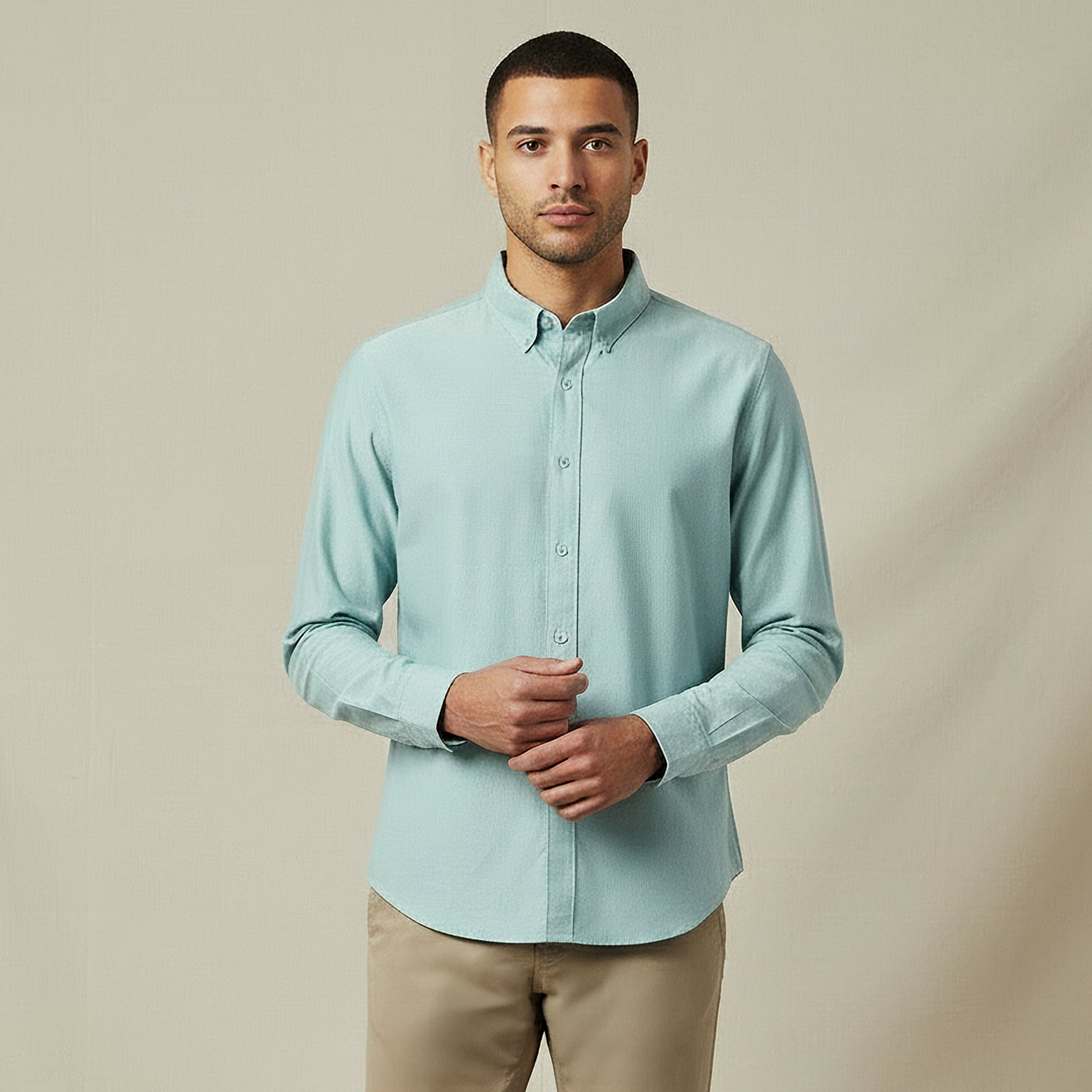 Men Regular Fit Collared Long Sleeves Textured Oxford Shirt-men-clothing-shirts-image-1