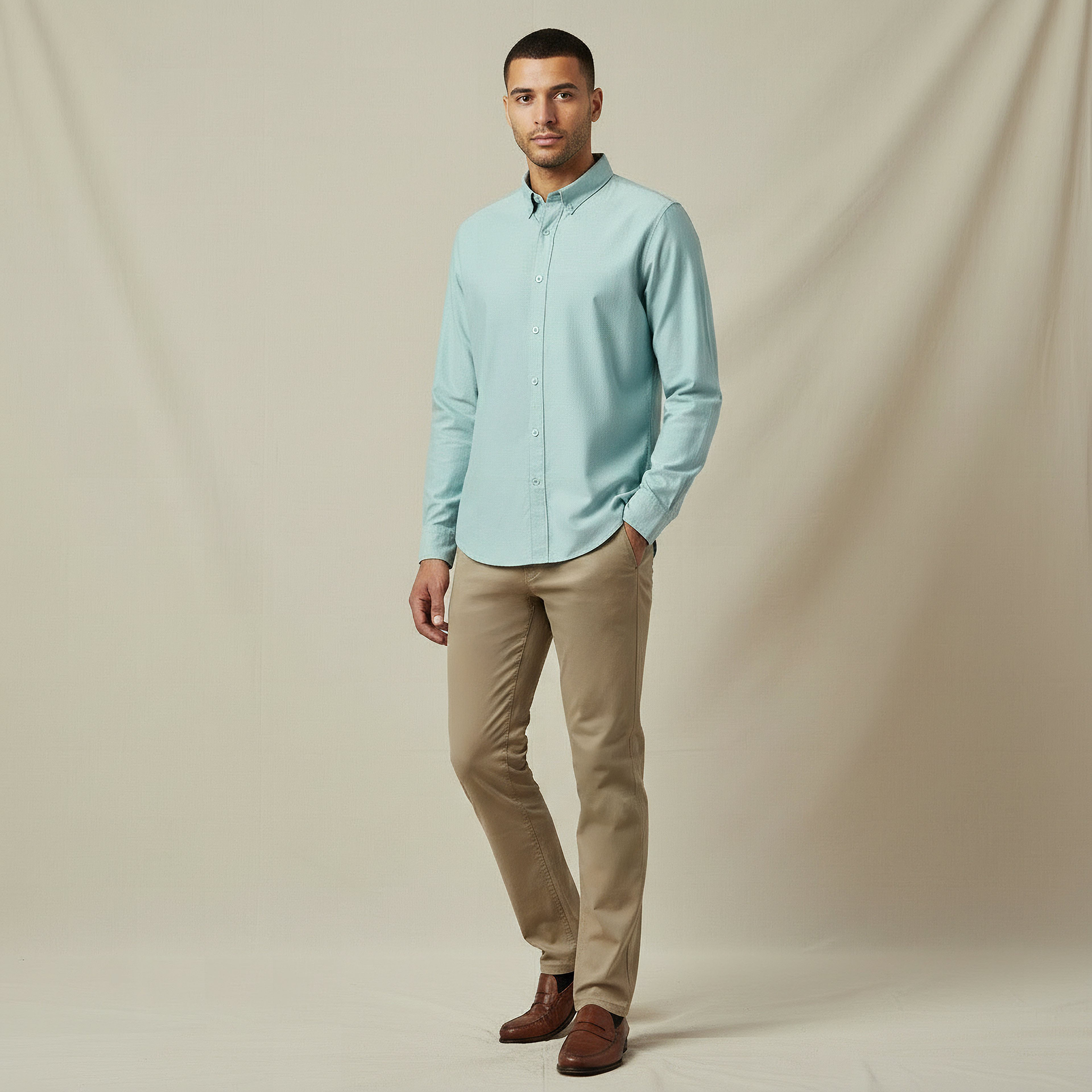 Men Regular Fit Collared Long Sleeves Textured Oxford Shirt-men-clothing-shirts-image-2