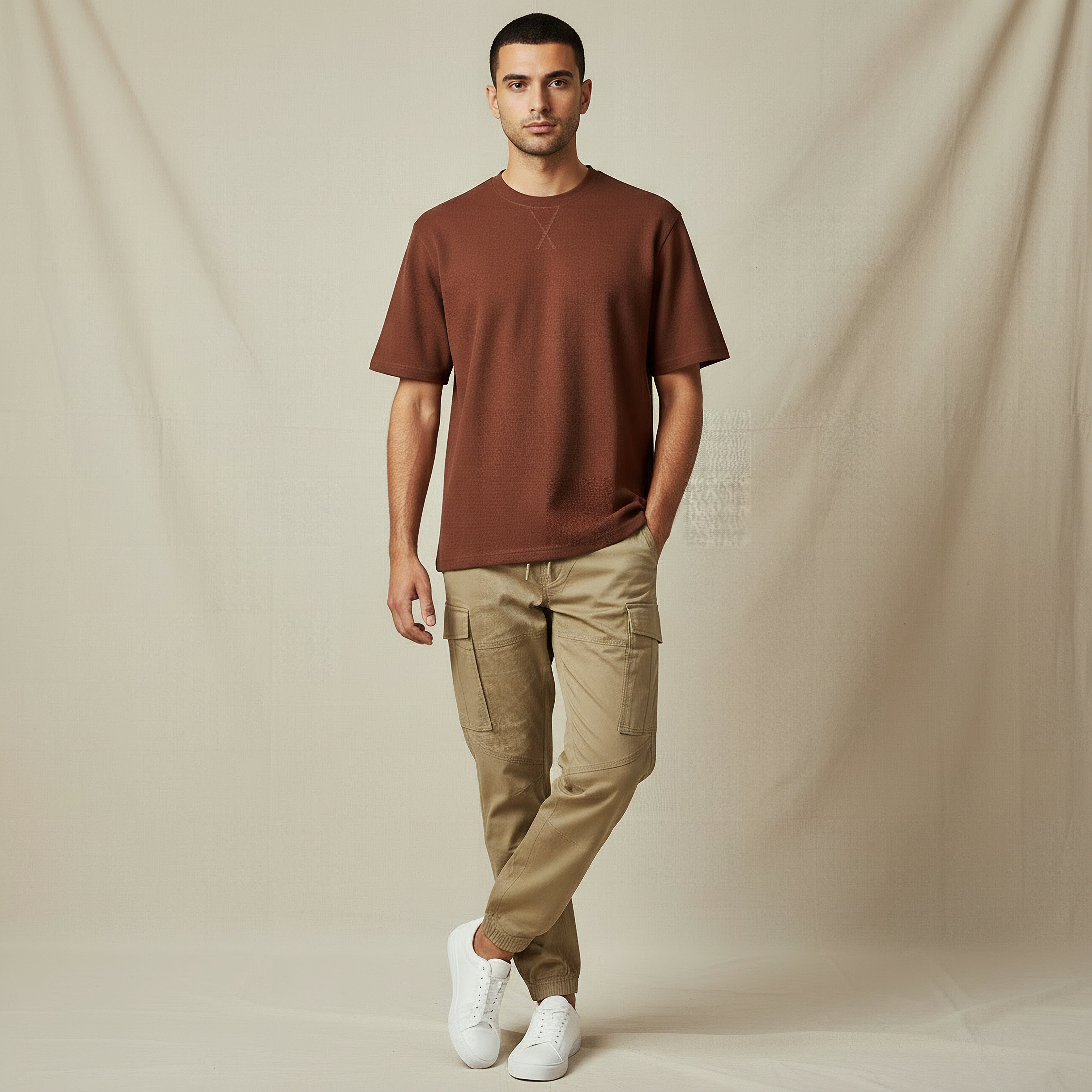 تيشيرت بارز الملمس بقصة مريحة وياقة ضيقة وأكمام قصيرة للرجال-men-clothing-tshirtsandpolos-tshirts-image-5