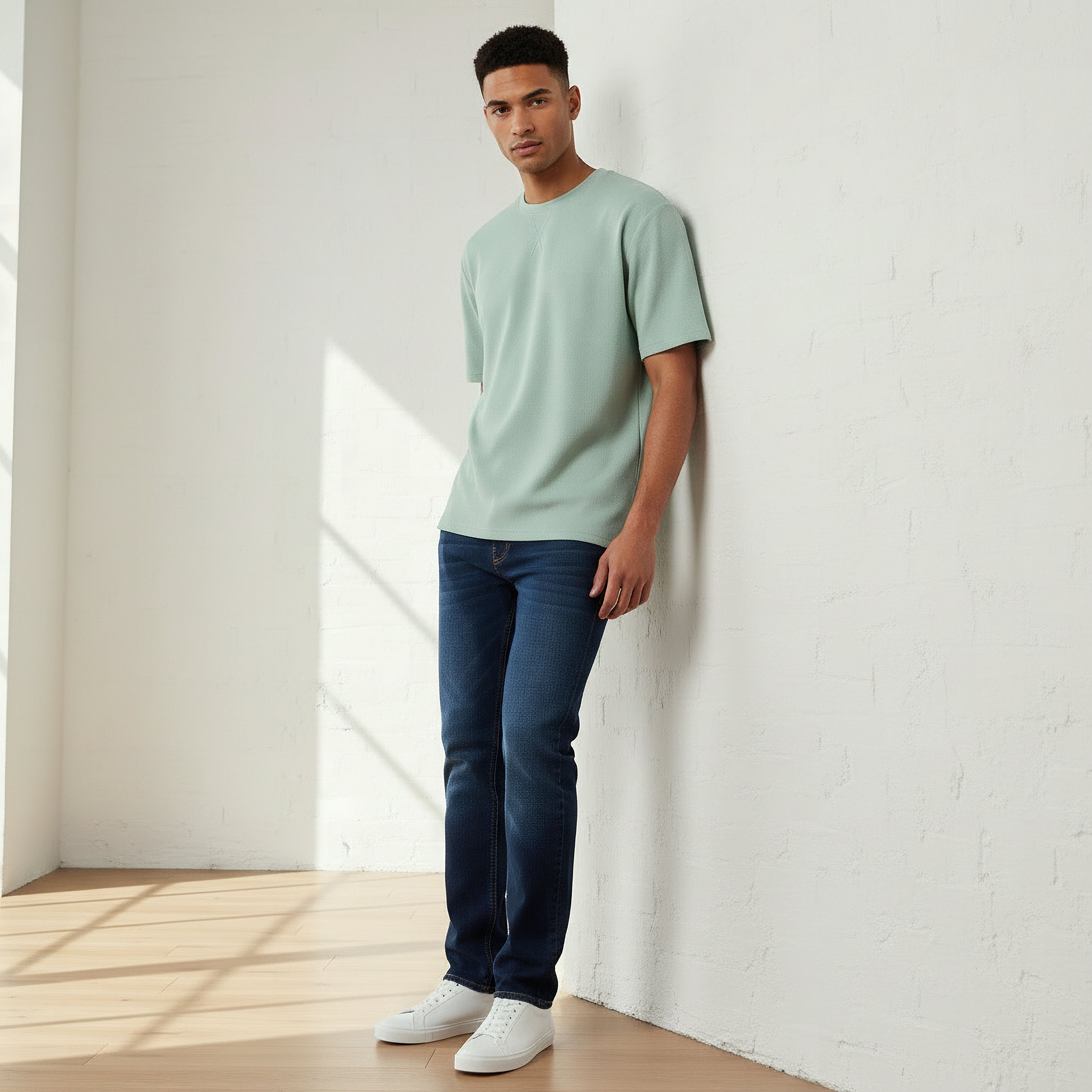 تيشيرت رجالي بارز الملمس بقصة مريحة وياقة ضيقة وأكمام قصيرة-men-clothing-tshirtsandpolos-tshirts-image-2