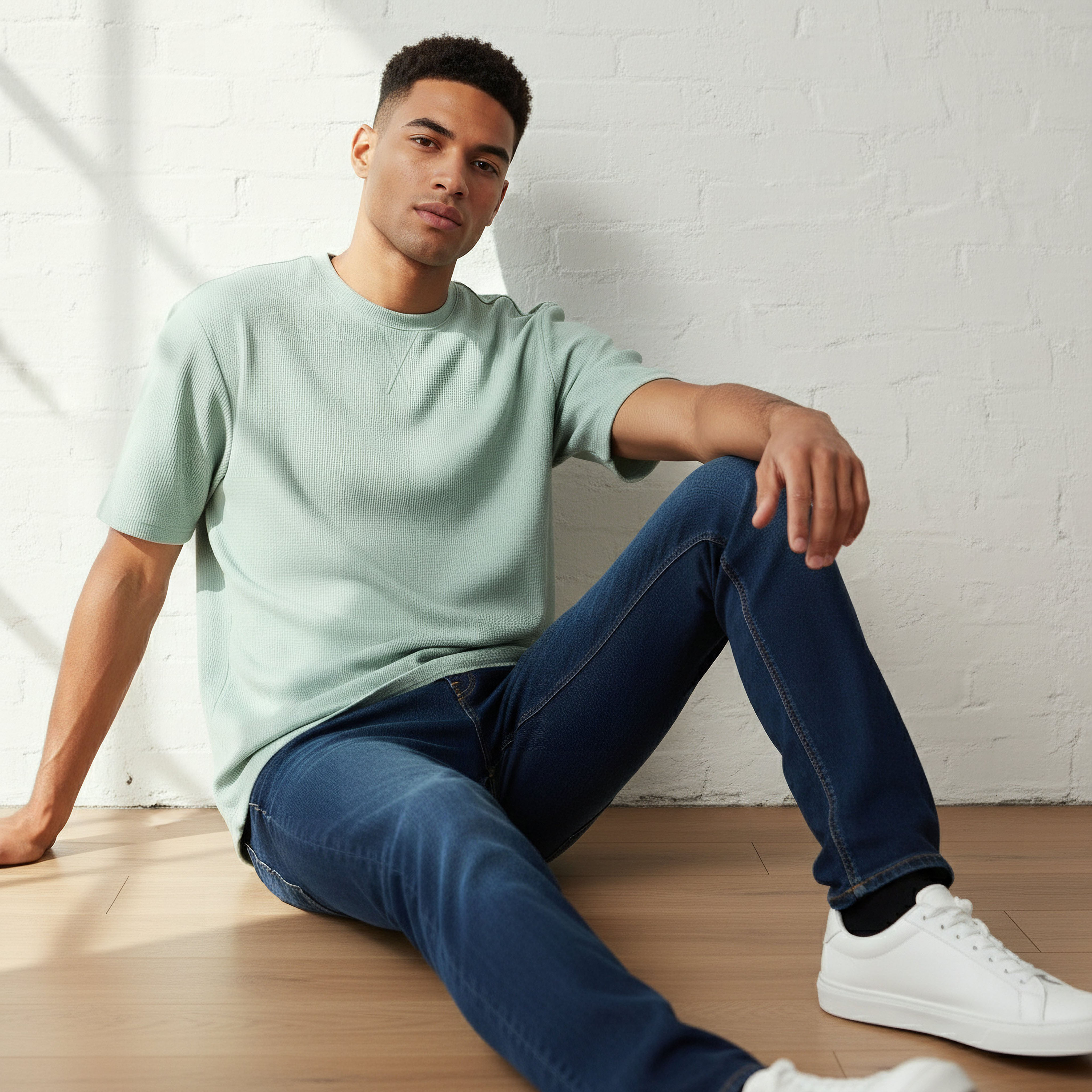 تيشيرت رجالي بارز الملمس بقصة مريحة وياقة ضيقة وأكمام قصيرة-men-clothing-tshirtsandpolos-tshirts-image-5
