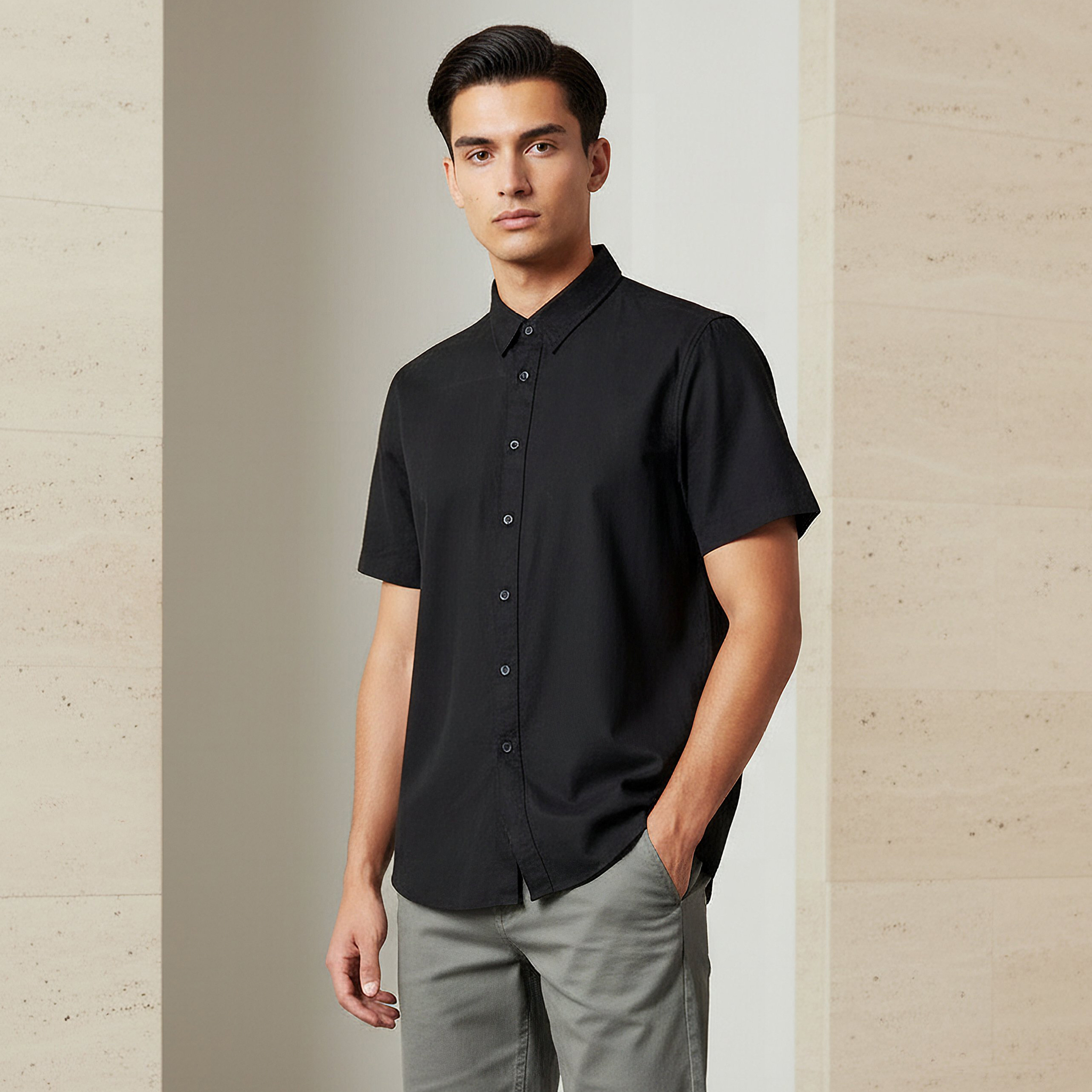 Men Regular Fit Button-Down Collar Short Sleeve Shirt-men-clothing-shirts-image-1
