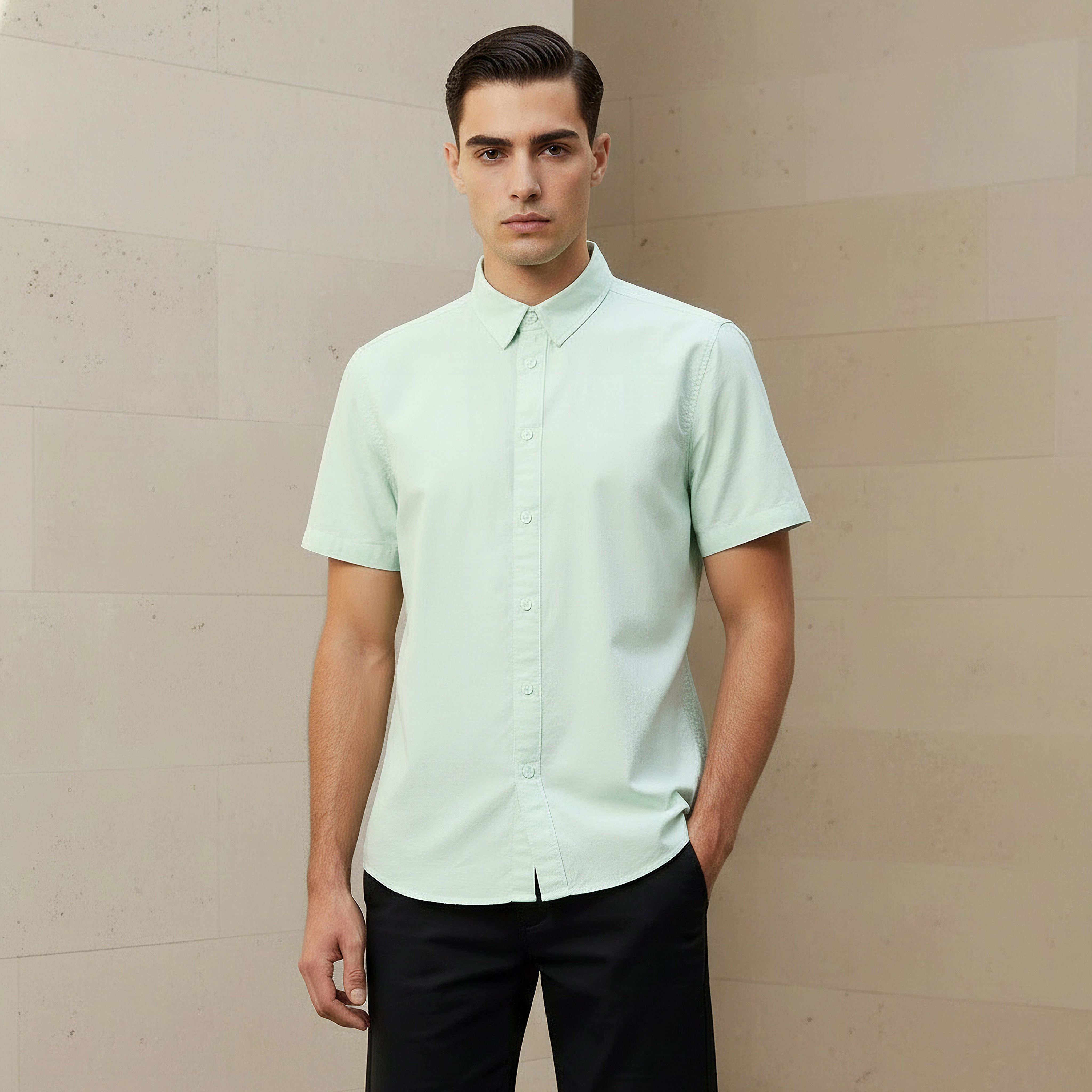 Men Regular Fit Button-Down Collar Short Sleeve Shirt-men-clothing-shirts-image-1