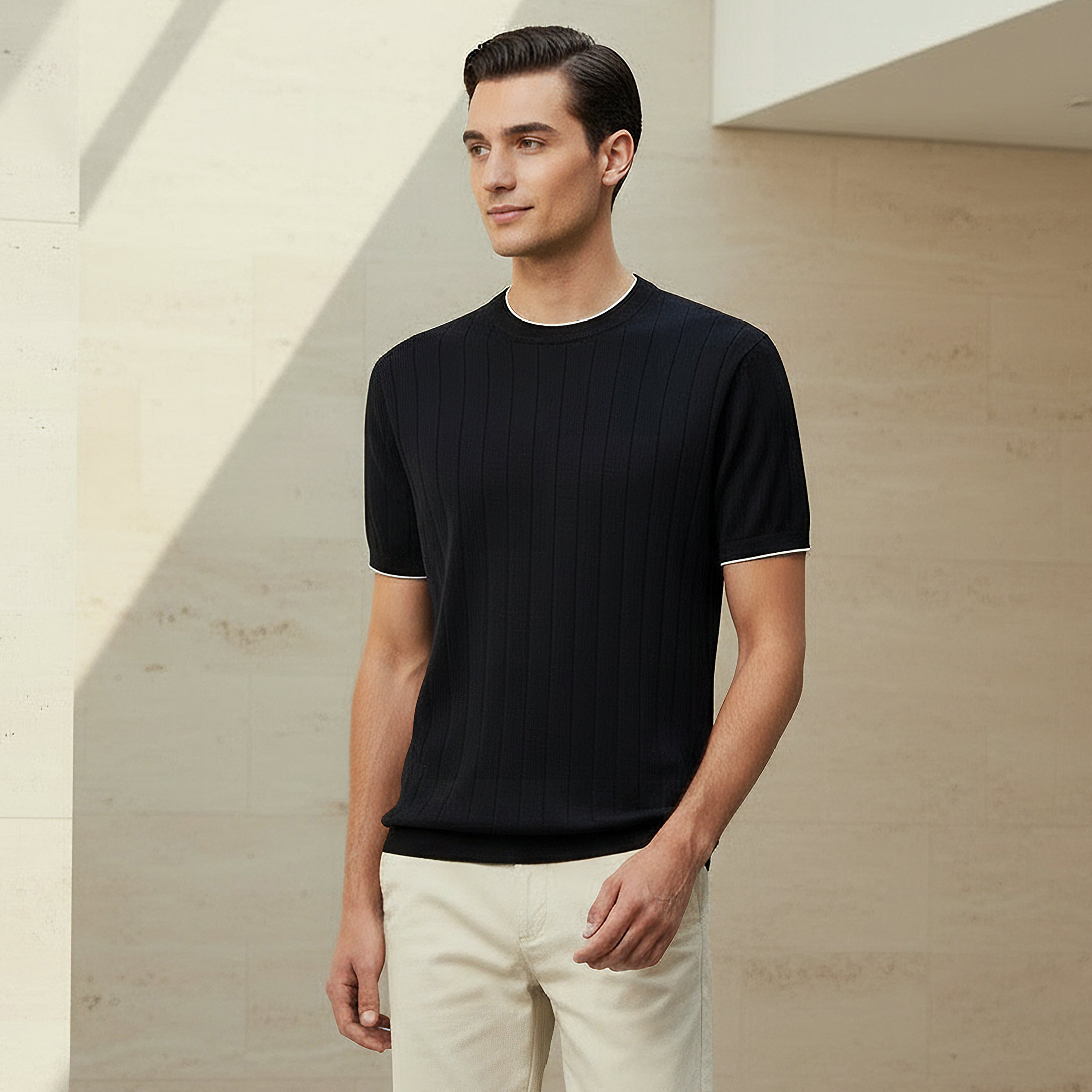 تيشيرت بارز الملمس بقصّة عادية وياقة مستديرة وأكمام قصيرة للرجال-men-clothing-tshirtsandpolos-tshirts-image-1