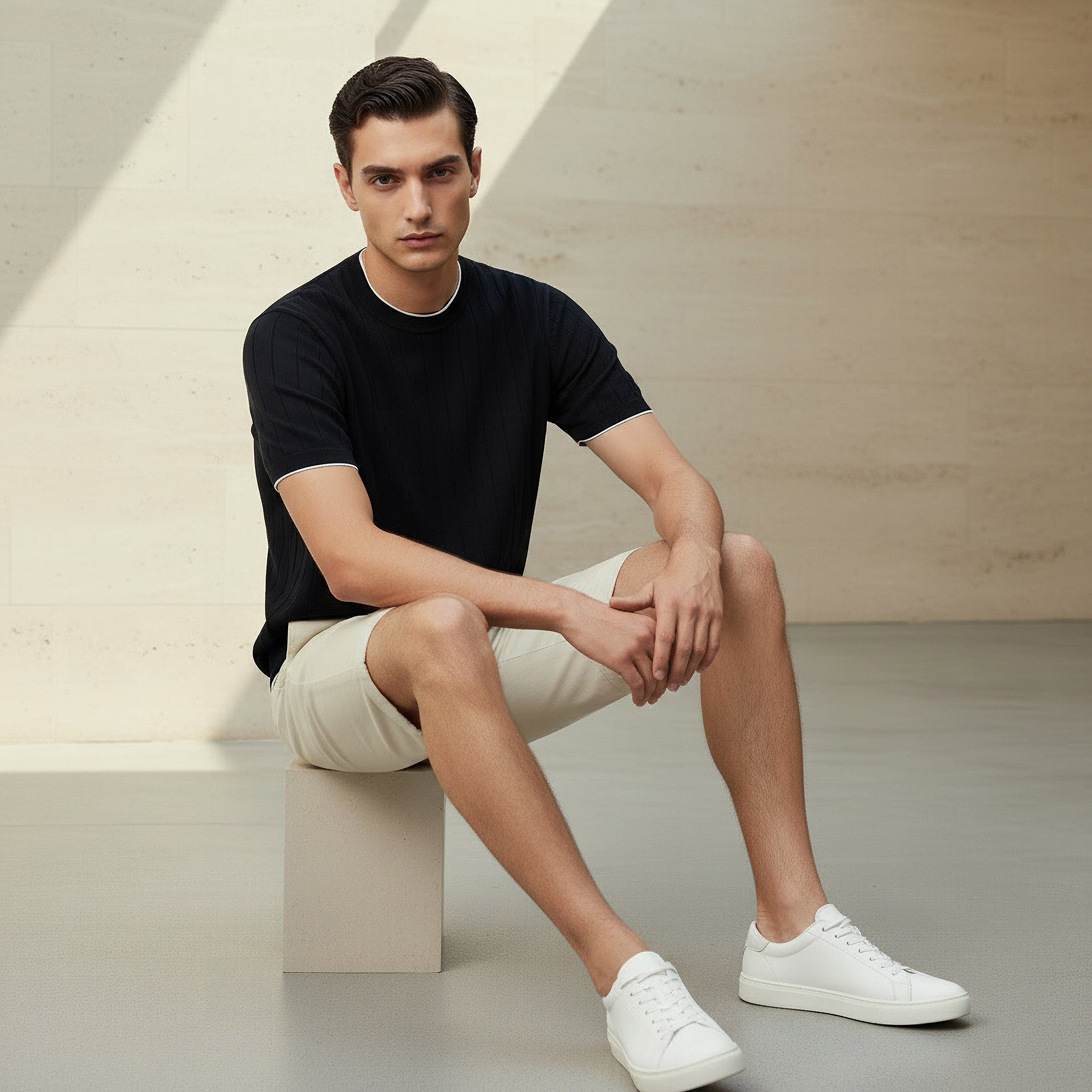 تيشيرت بارز الملمس بقصّة عادية وياقة مستديرة وأكمام قصيرة للرجال-men-clothing-tshirtsandpolos-tshirts-image-2