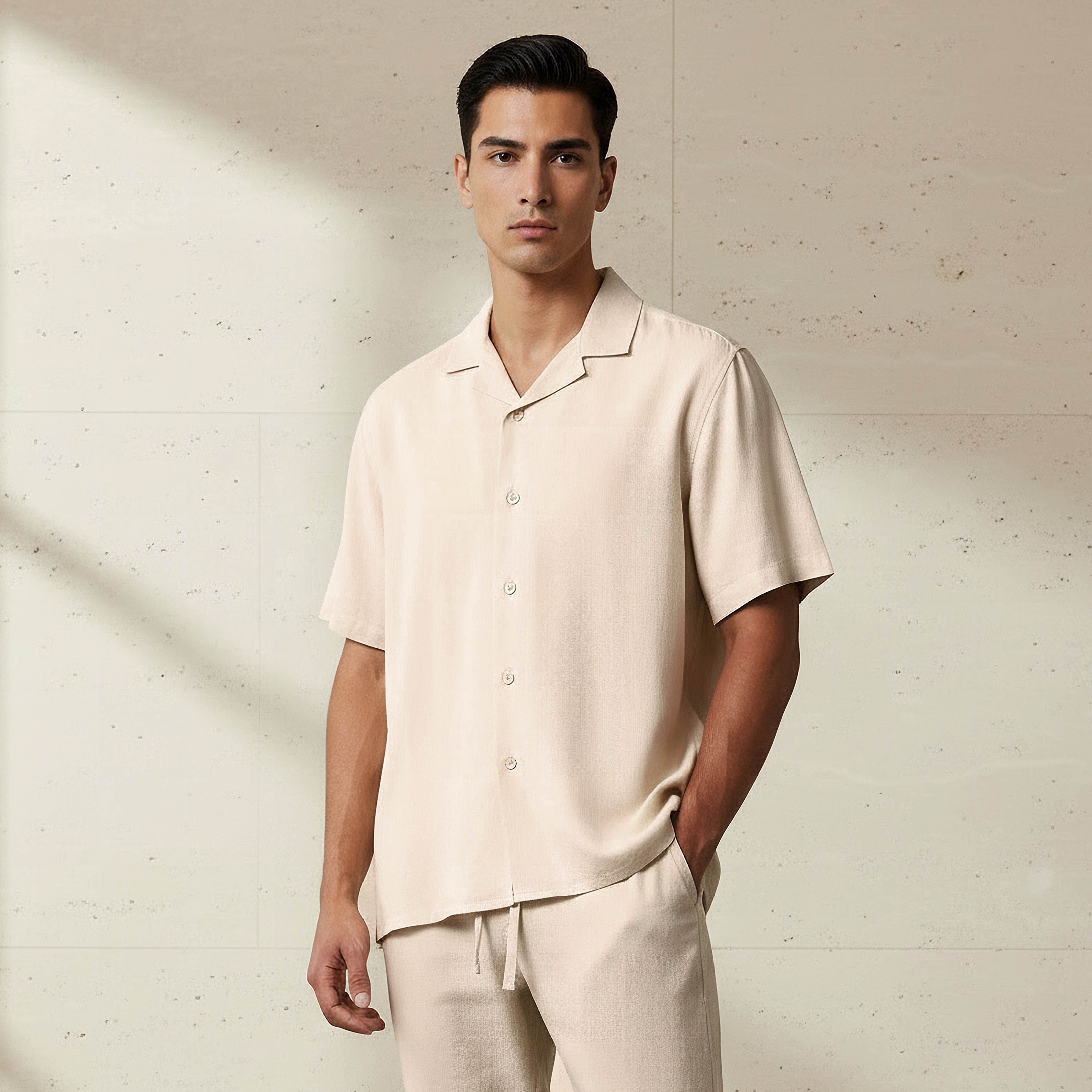قميص من مزيج الكتان بقصة عادية وياقة كامب وأكمام قصيرة للرجال-men-clothing-shirts-image-4