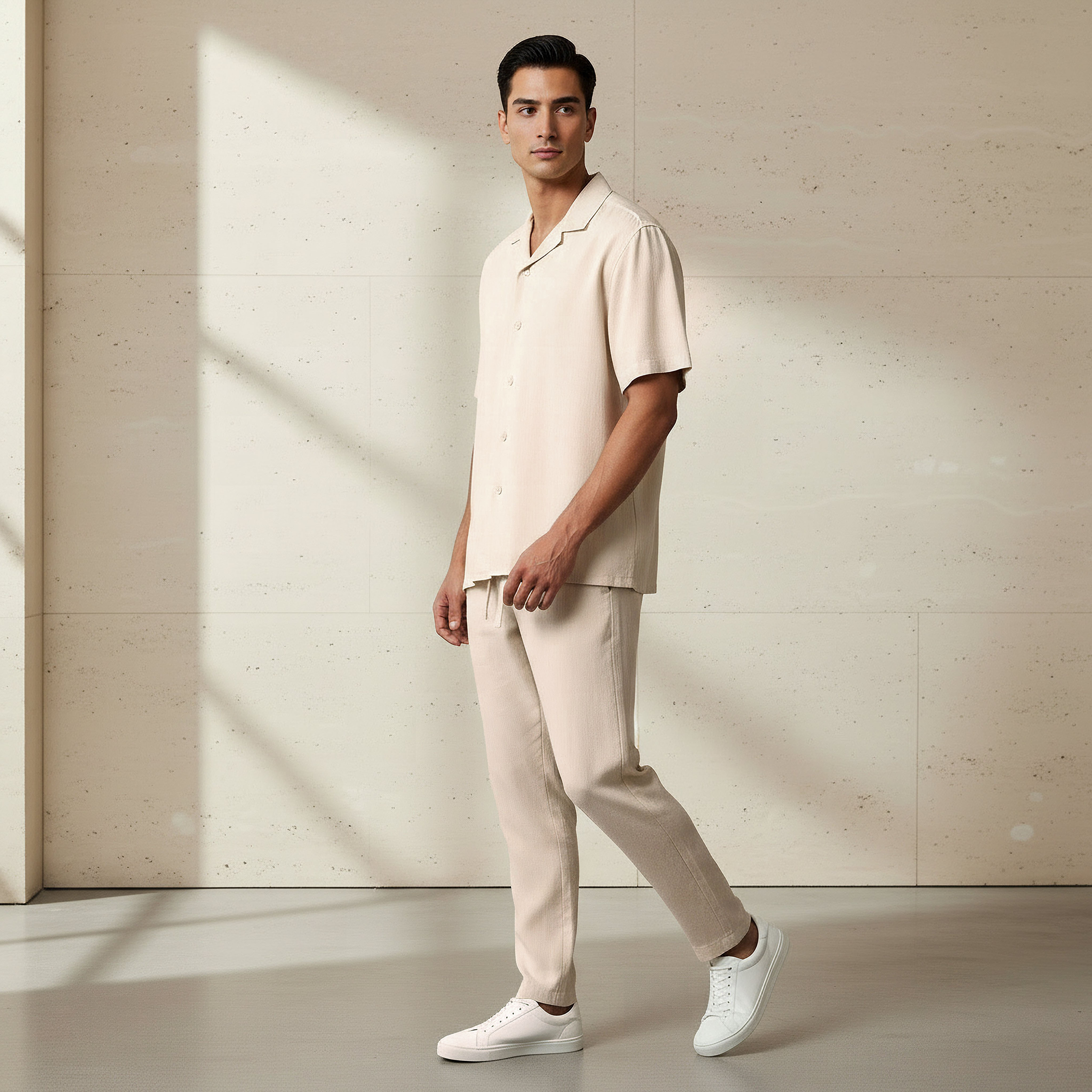 قميص من مزيج الكتان بقصة عادية وياقة كامب وأكمام قصيرة للرجال-men-clothing-shirts-image-3