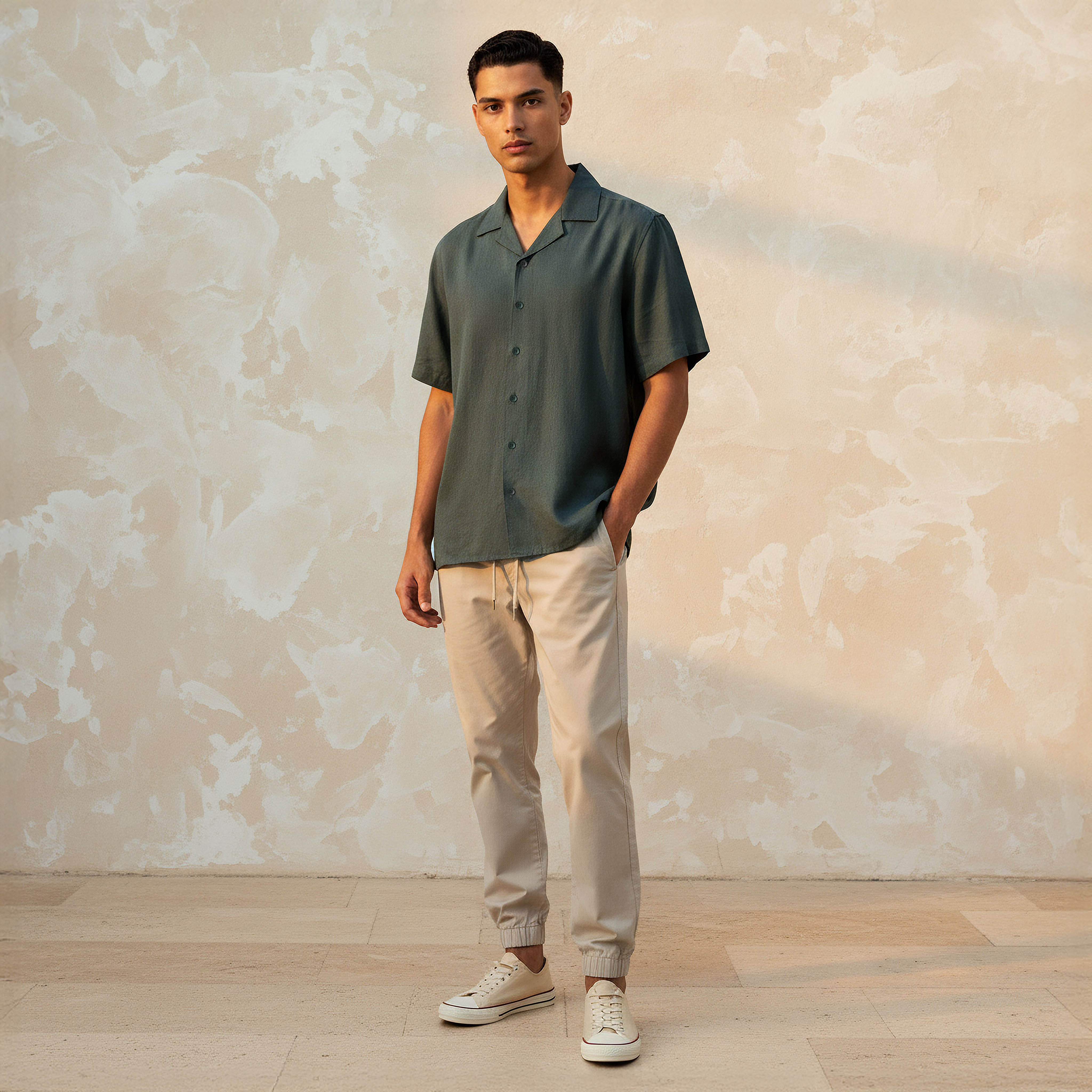 Men Regular Fit Camp Collar Short Sleeve Linen Blend Shirt-men-clothing-shirts-image-2