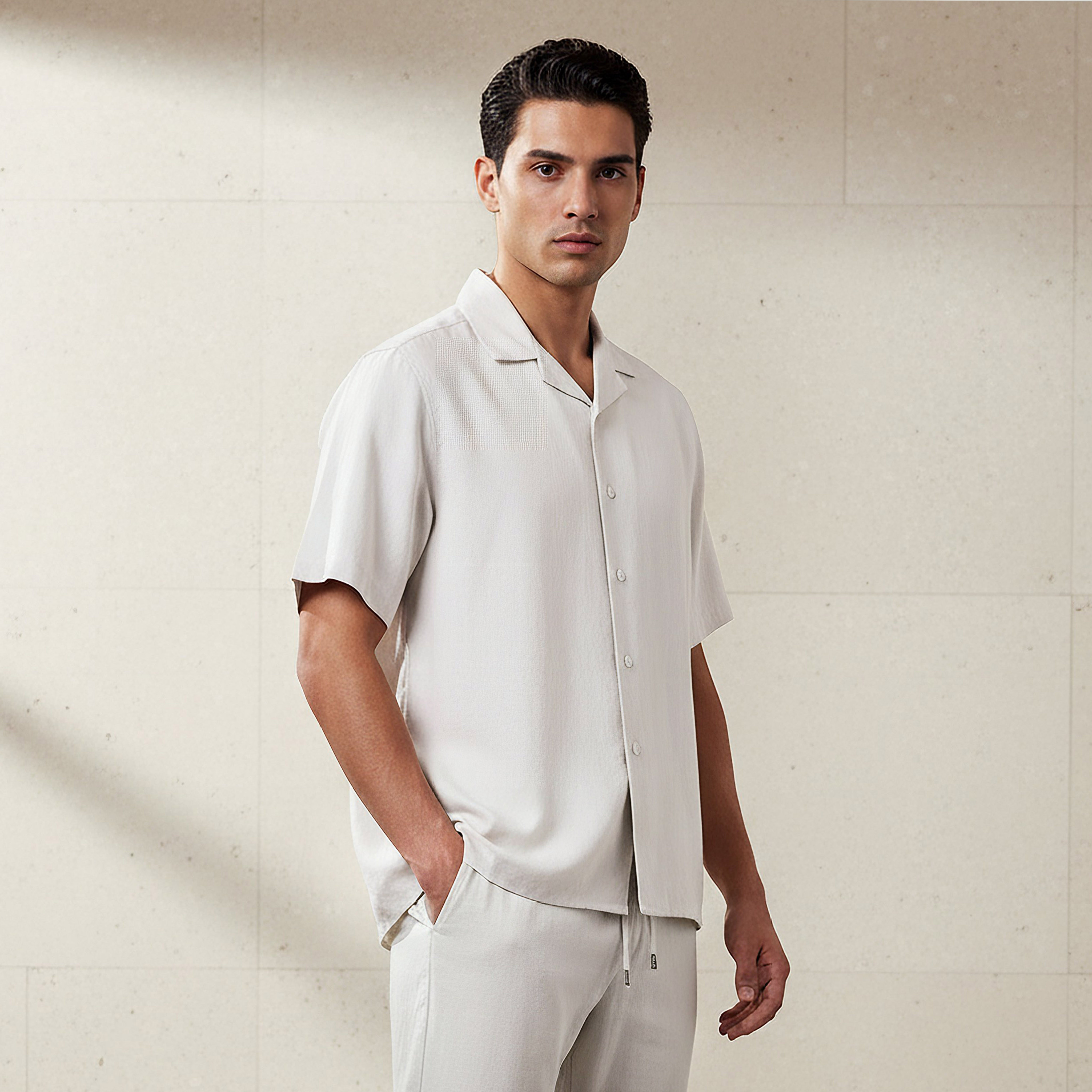 Men Regular Fit Camp Collar Short Sleeve Linen Blend Shirt-men-clothing-shirts-image-1