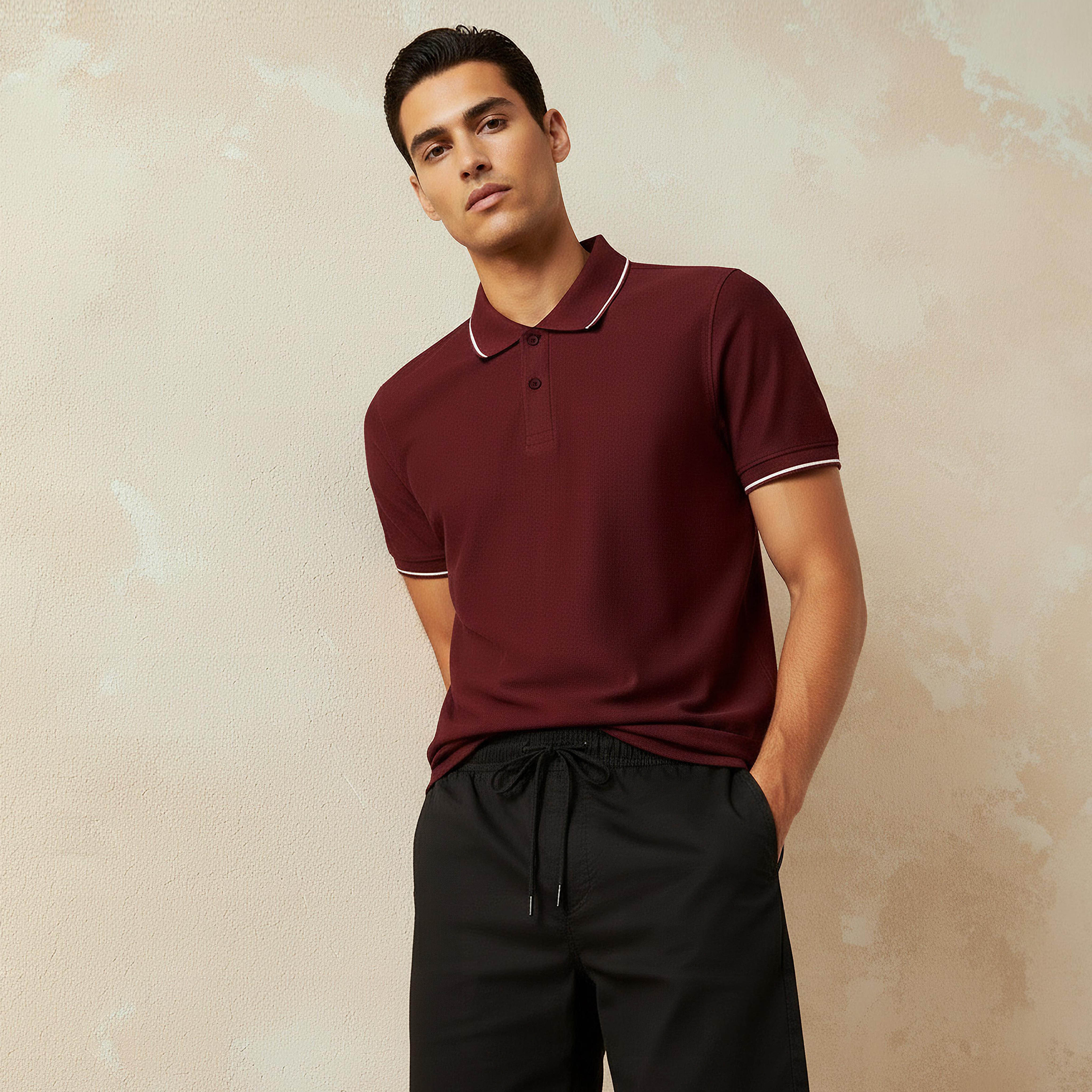 تيشيرت بولو بخيوط بارزة وأكمام قصيرة للرجال-men-clothing-tshirtsandpolos-polos-image-1