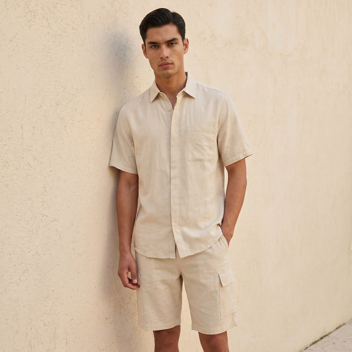 قميص من مزيج الكتان بقصّة عادية وياقة عادية للرجال-men-clothing-shirts-image-1