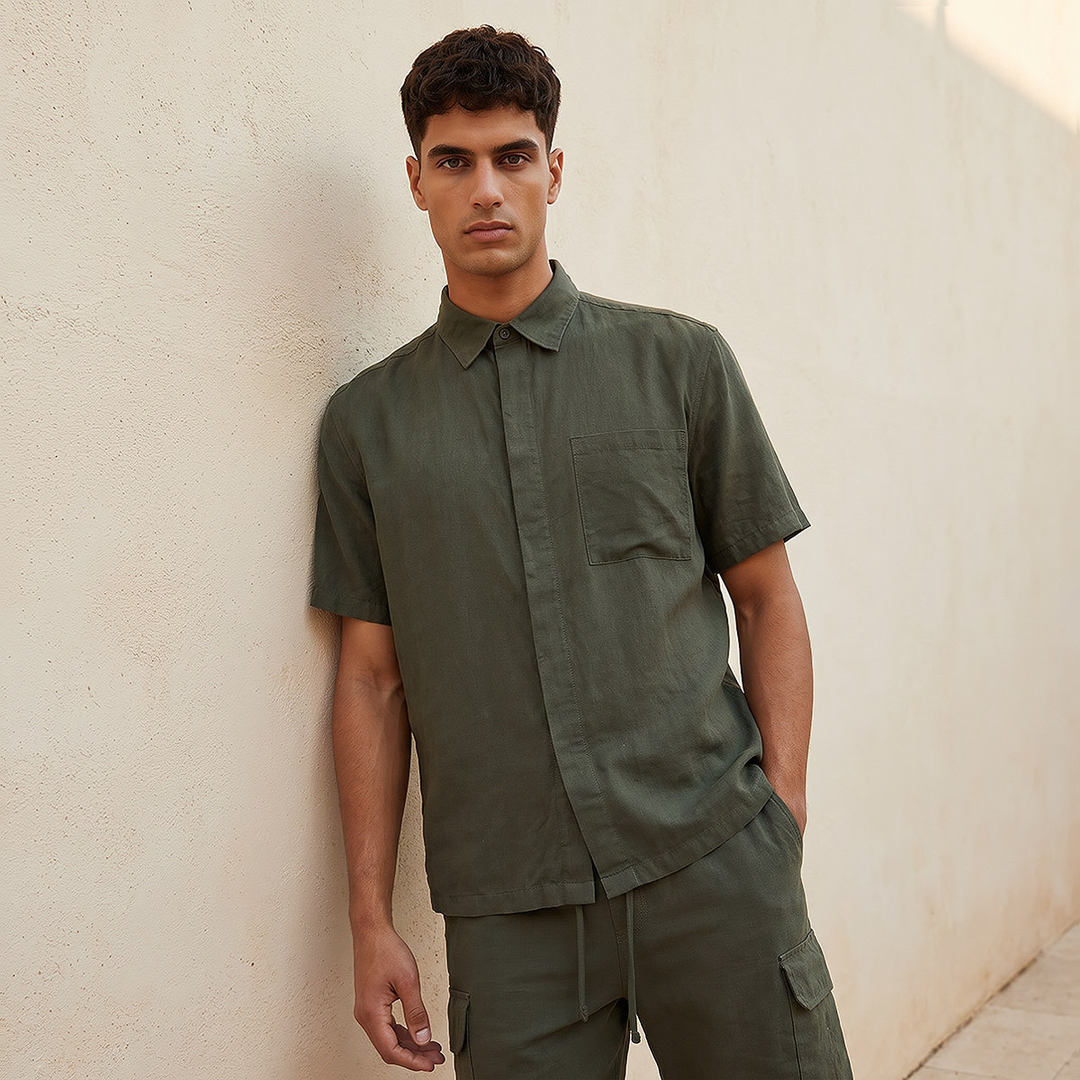 Men Regular Fit Collared Linen Blend Shirt-men-clothing-shirts-image-1