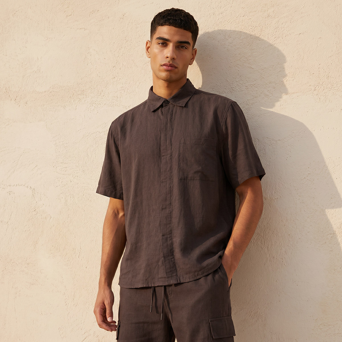 Men Regular Fit Collared Linen Blend Shirt-men-clothing-shirts-image-1
