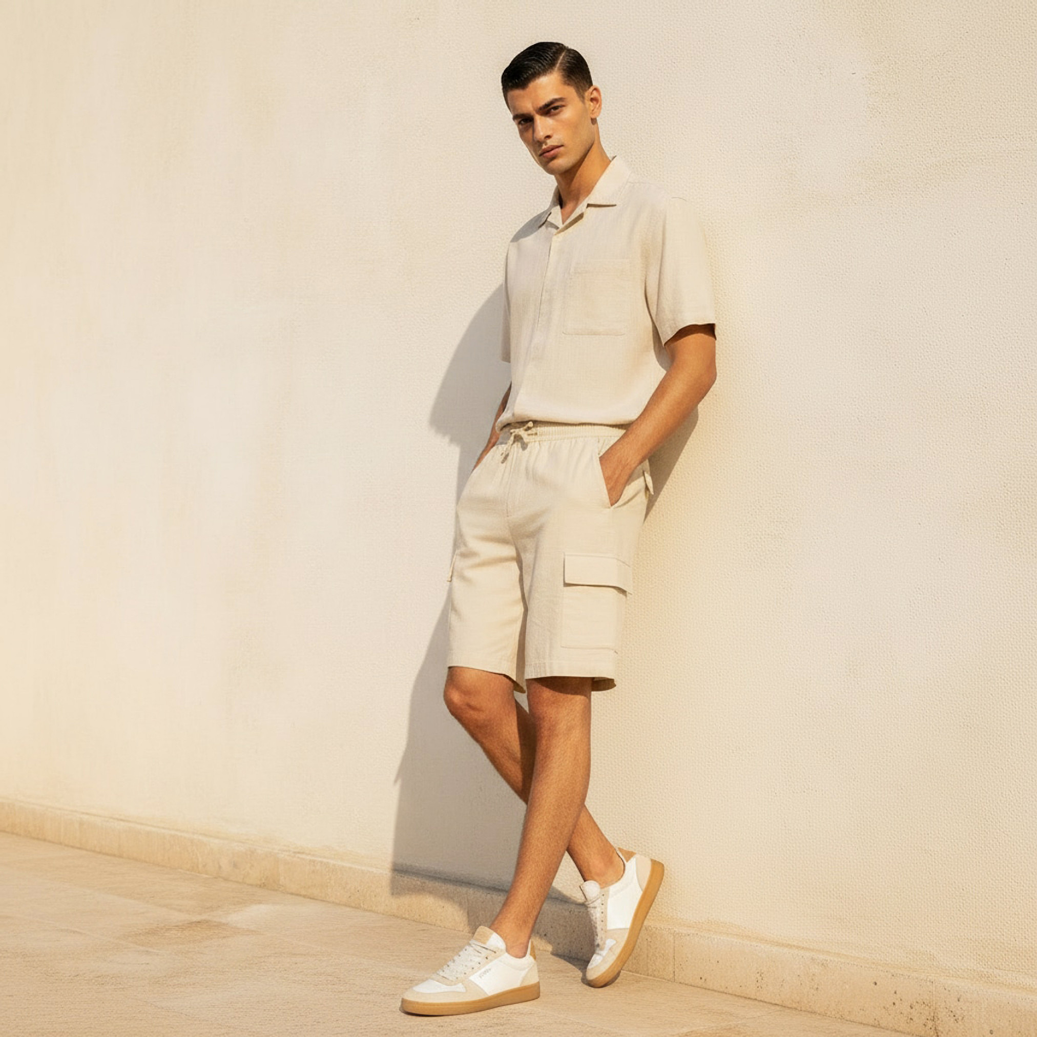 Men Regular Fit Linen Blend Cargo Shorts-men-clothing-bottoms-shorts-image-3