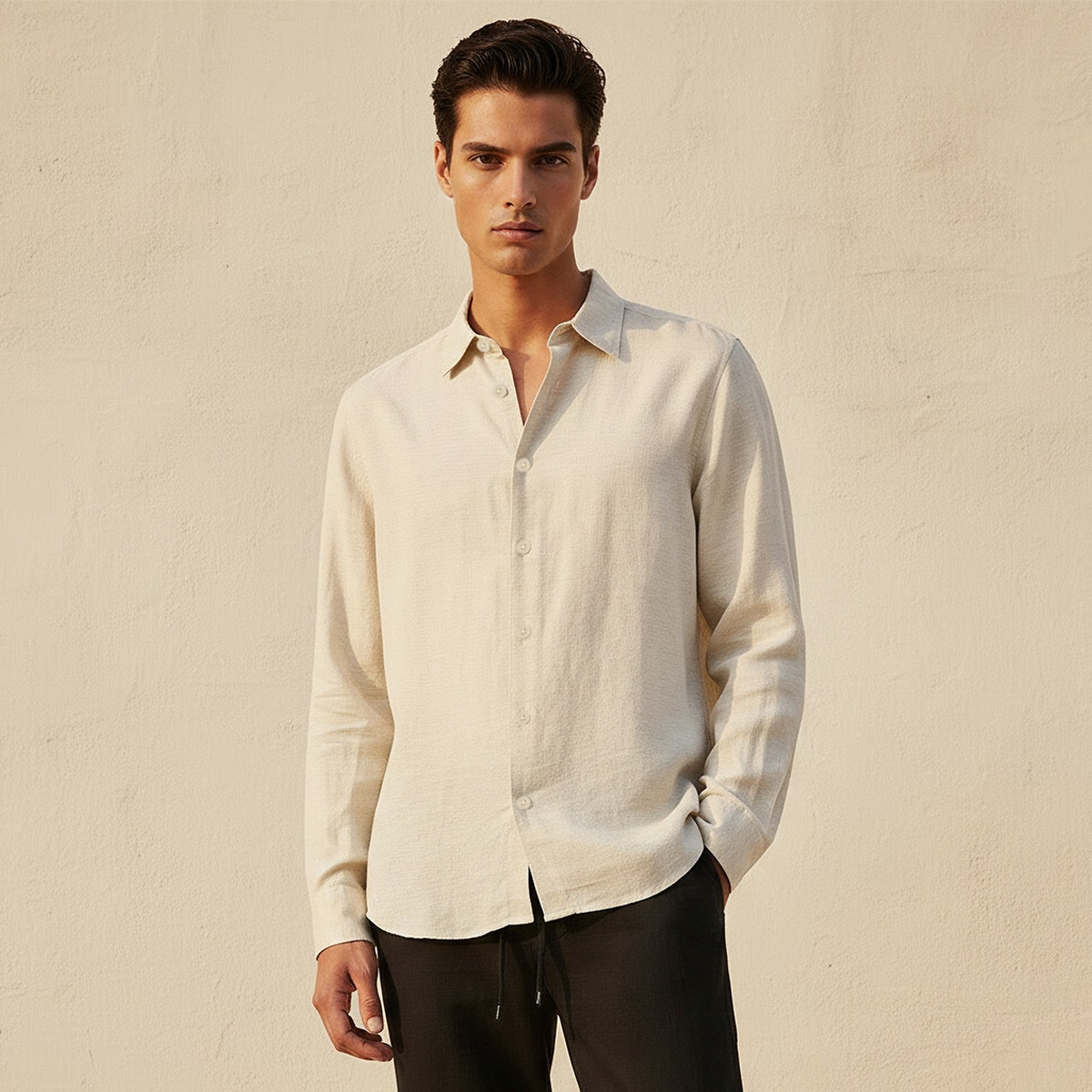Splash Basic Regular Fit Collared Textured Long Sleeves Linen Blend Shirt-men-clothing-shirts-image-1