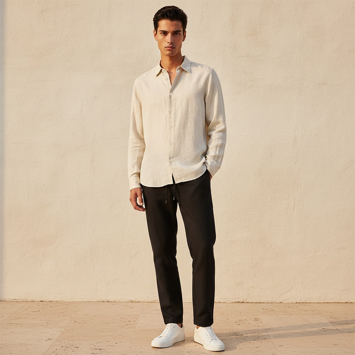 Splash Basic Regular Fit Collared Textured Long Sleeves Linen Blend Shirt-men-clothing-shirts-image-3