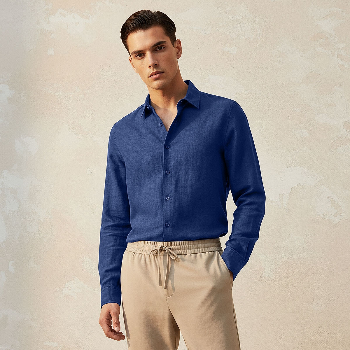 Splash Basic Regular Fit Collared Textured Long Sleeves Linen Blend Shirt-men-clothing-shirts-image-1