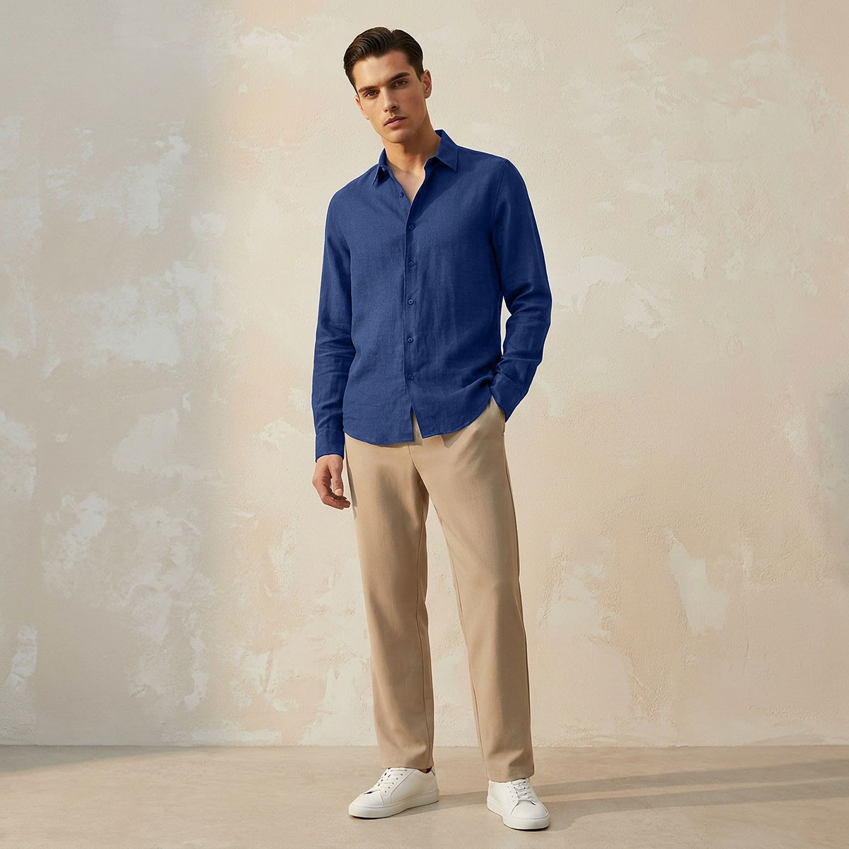Splash Basic Regular Fit Collared Textured Long Sleeves Linen Blend Shirt-men-clothing-shirts-image-3