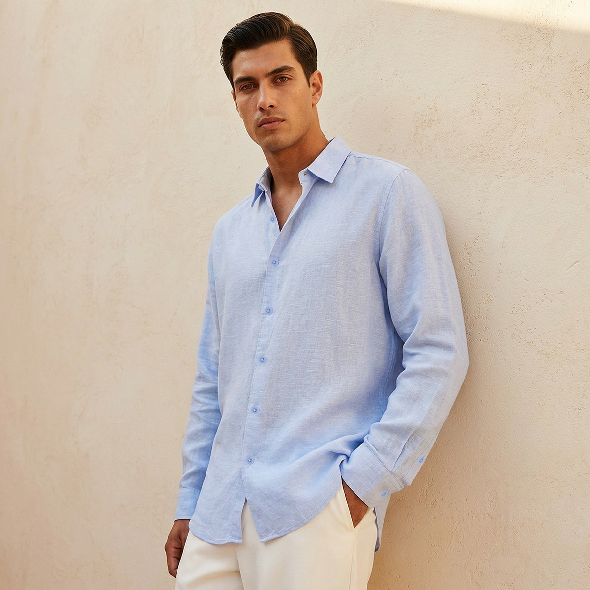 Splash Basic Regular Fit Collared Textured Long Sleeves Linen Blend Shirt-men-clothing-shirts-image-1
