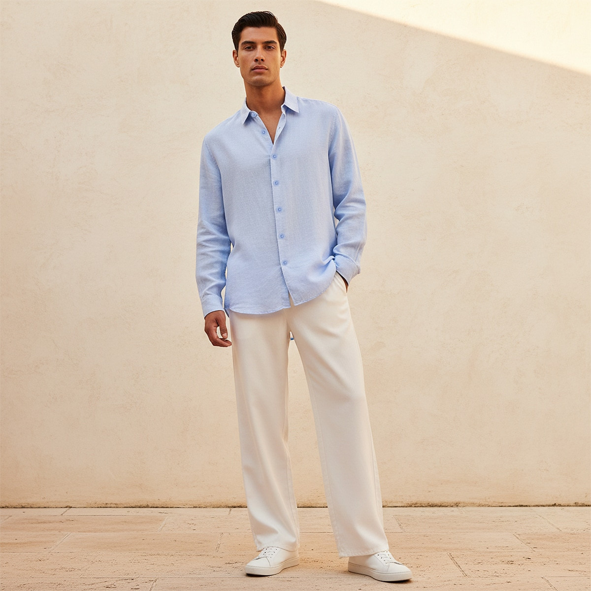 Splash Basic Regular Fit Collared Textured Long Sleeves Linen Blend Shirt-men-clothing-shirts-image-3