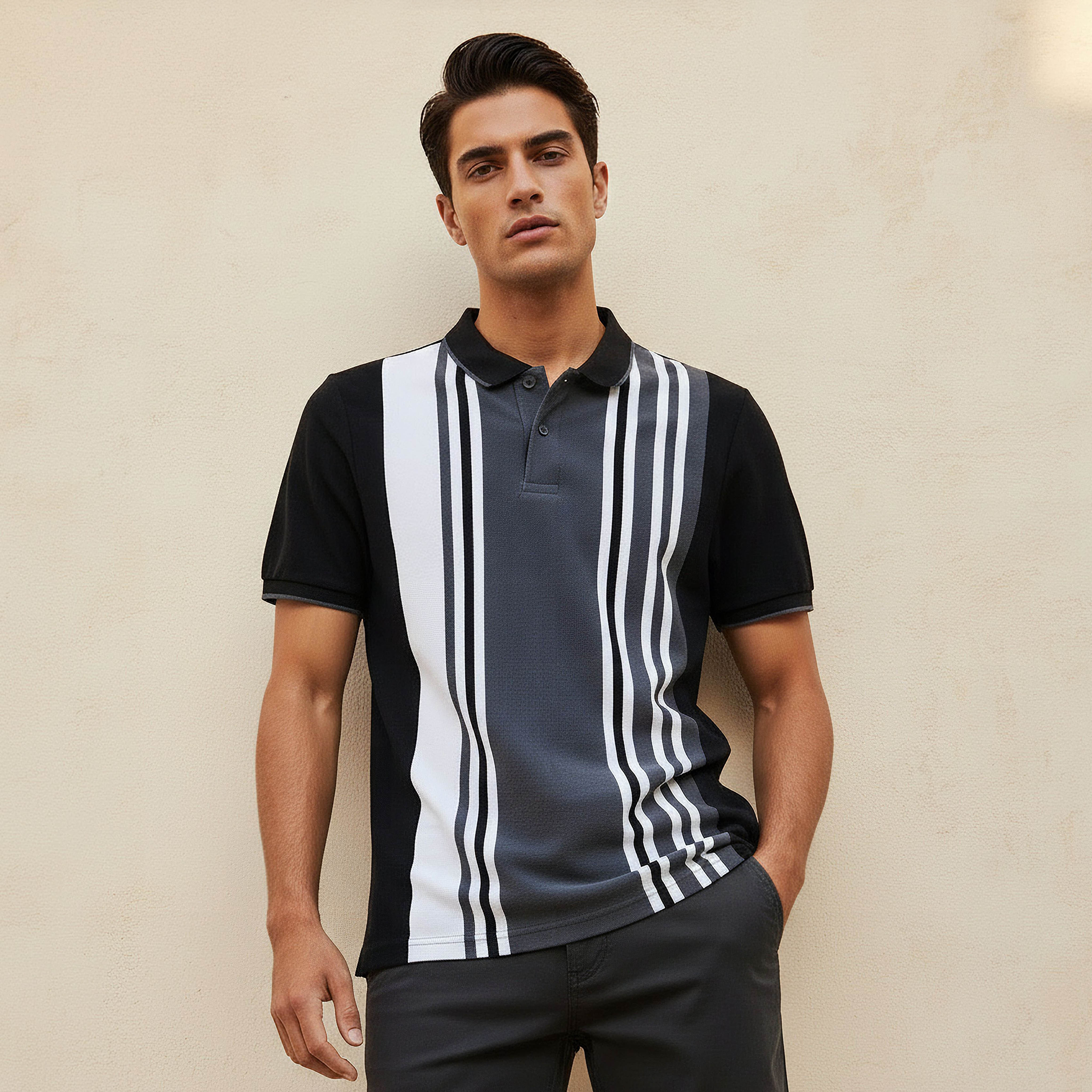 Men Short Sleeves Striped Pique Detail Polo T-shirt-men-clothing-tshirtsandpolos-polos-image-1
