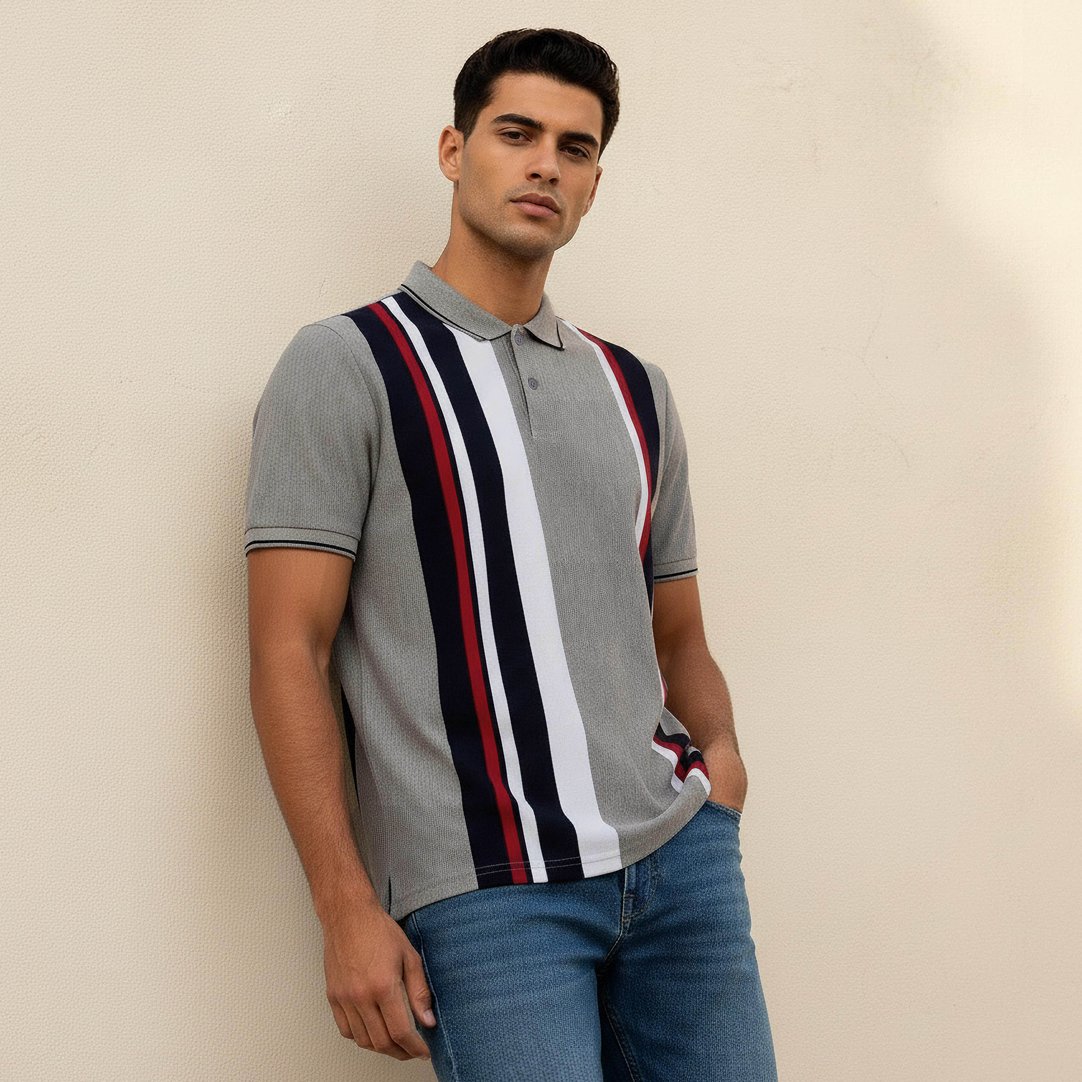 Men Short Sleeves Striped Pique Detail Polo T-shirt-men-clothing-tshirtsandpolos-polos-image-1
